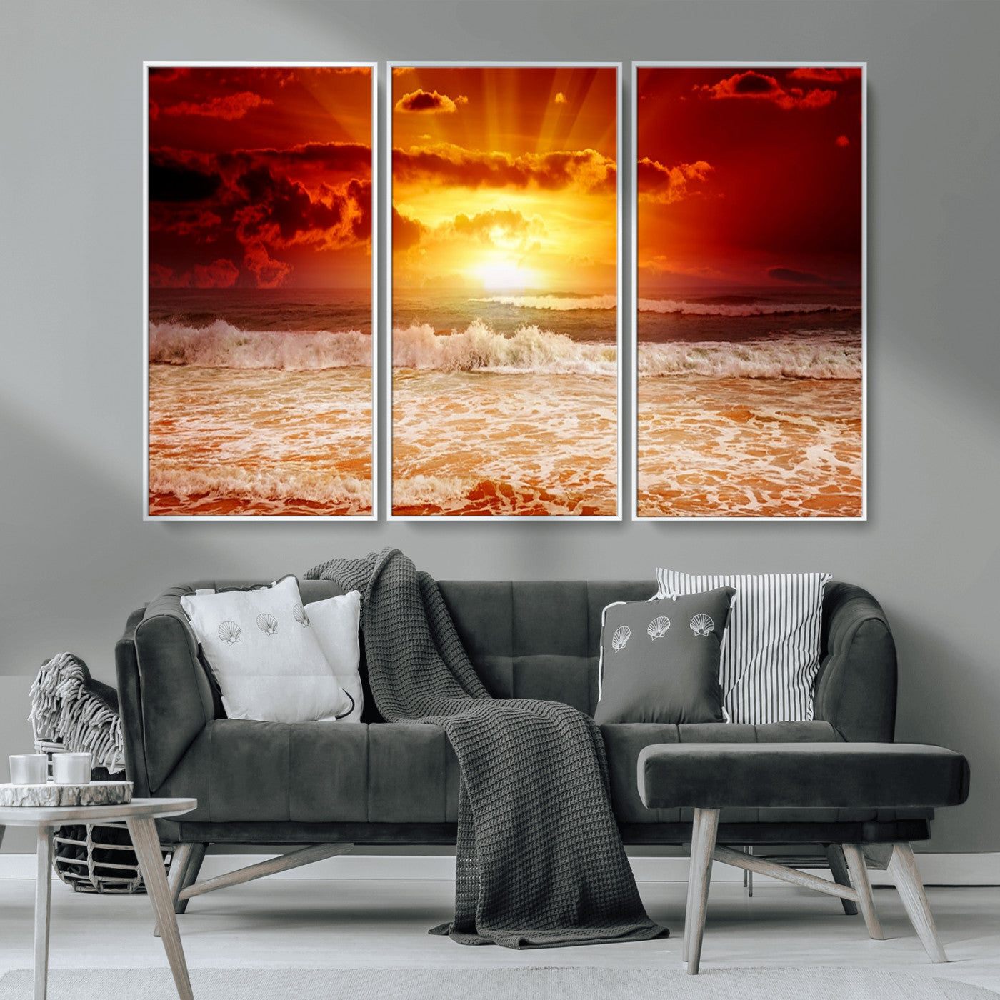 MGV-FC-48X32-3P - Red Sunset Ocean Beach Canvas Wall Art Beach Canvas, Coastal Sunset Print