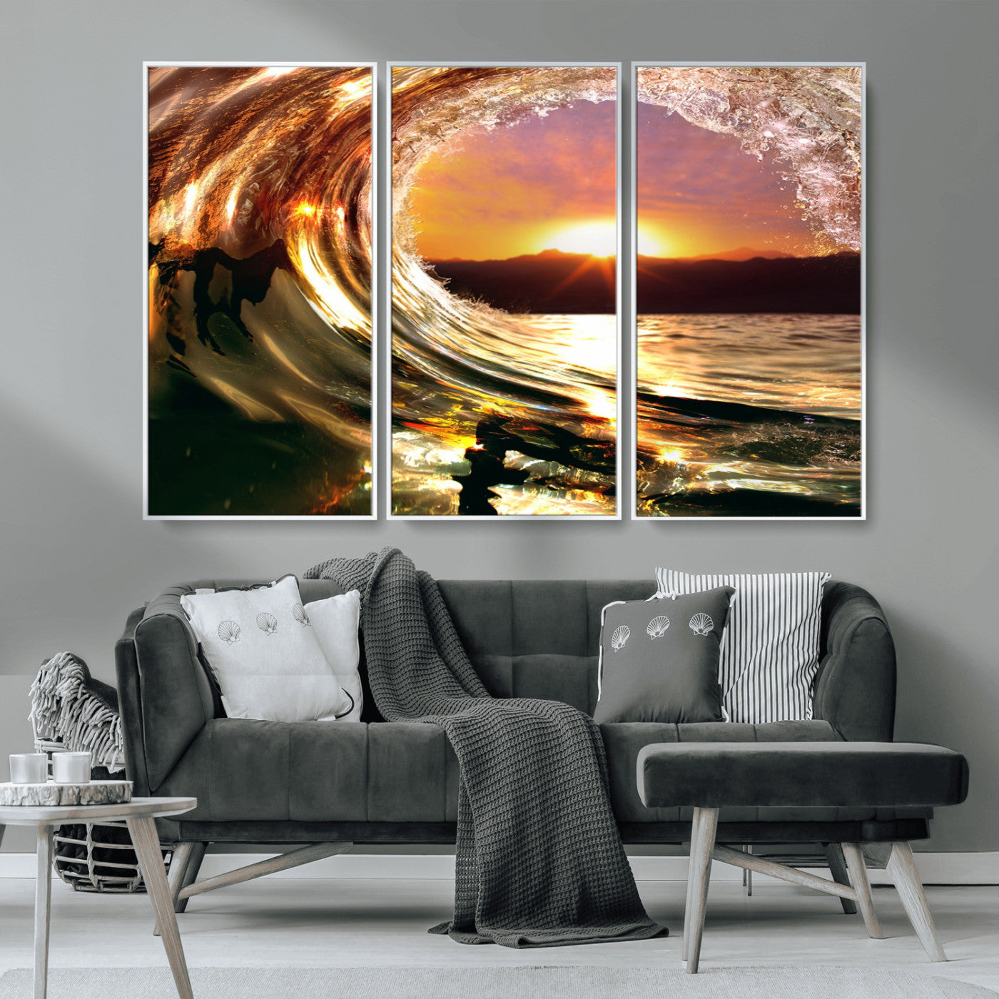 MGV-FC-48X32-3P - Golden Wave Sunset Triptych Canvas Art, Giclee Canvas Print of Ocean Wave and Sunset, Framed Ocean