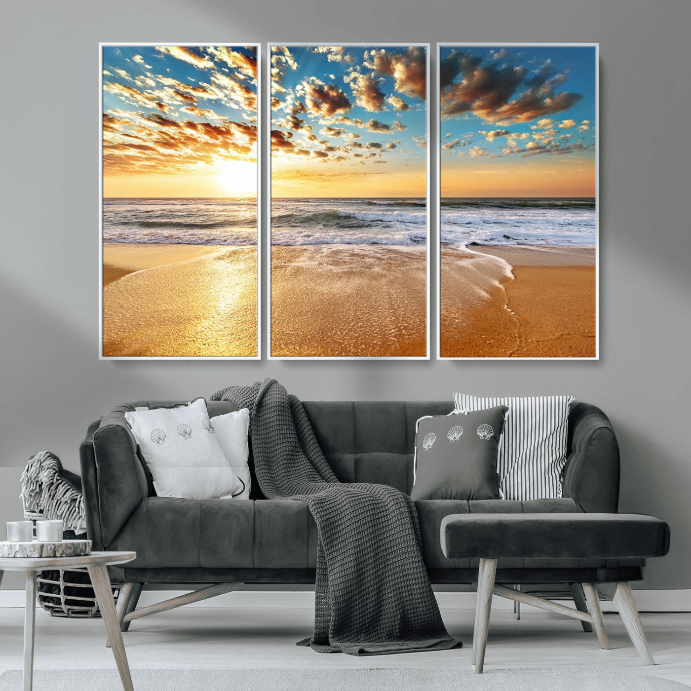 MGV-FC-48X32-3P - Golden Sunset Beach Print Canvas Wall Art, Giclee Canvas Print with Canon Print Quality, Triptych