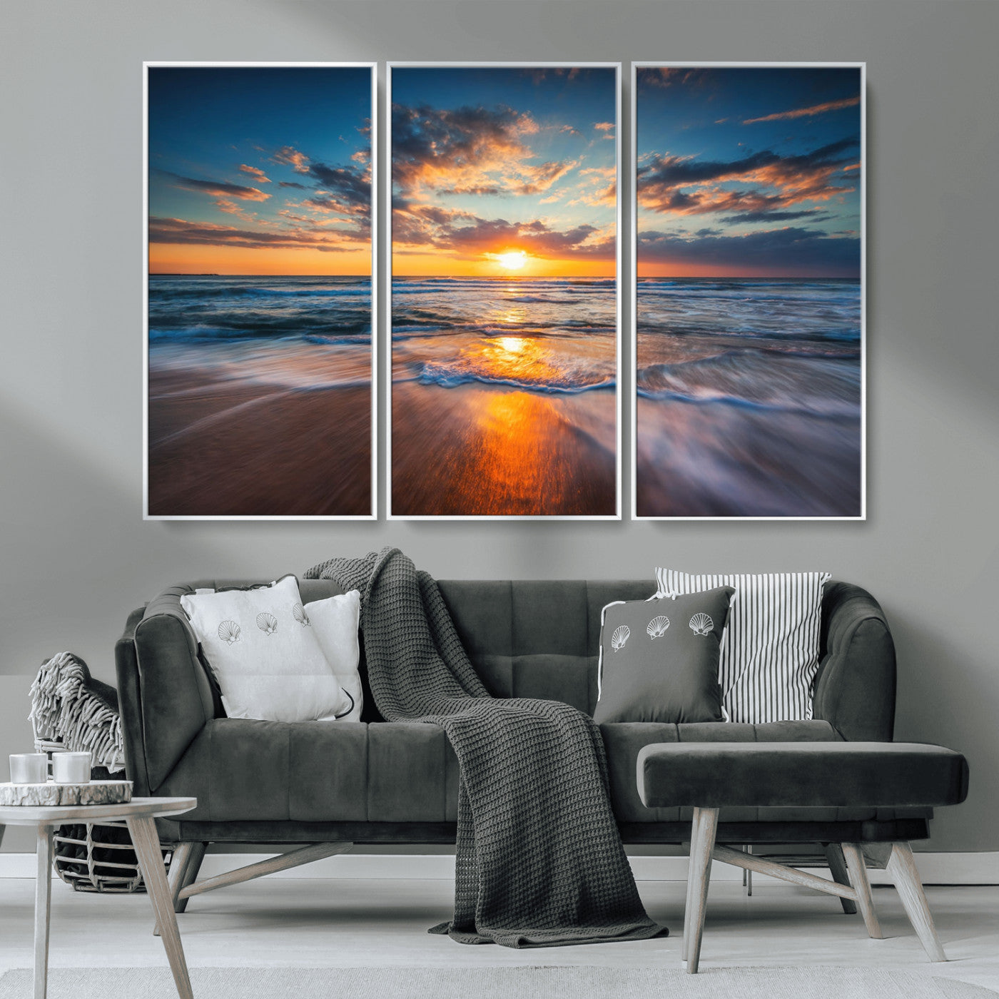 MGV-FC-48X32-3P - Sunset on the Ocean Beach with Waves, Reflections on Sand, Coastal Wall Art Print, Beach Wall Art,