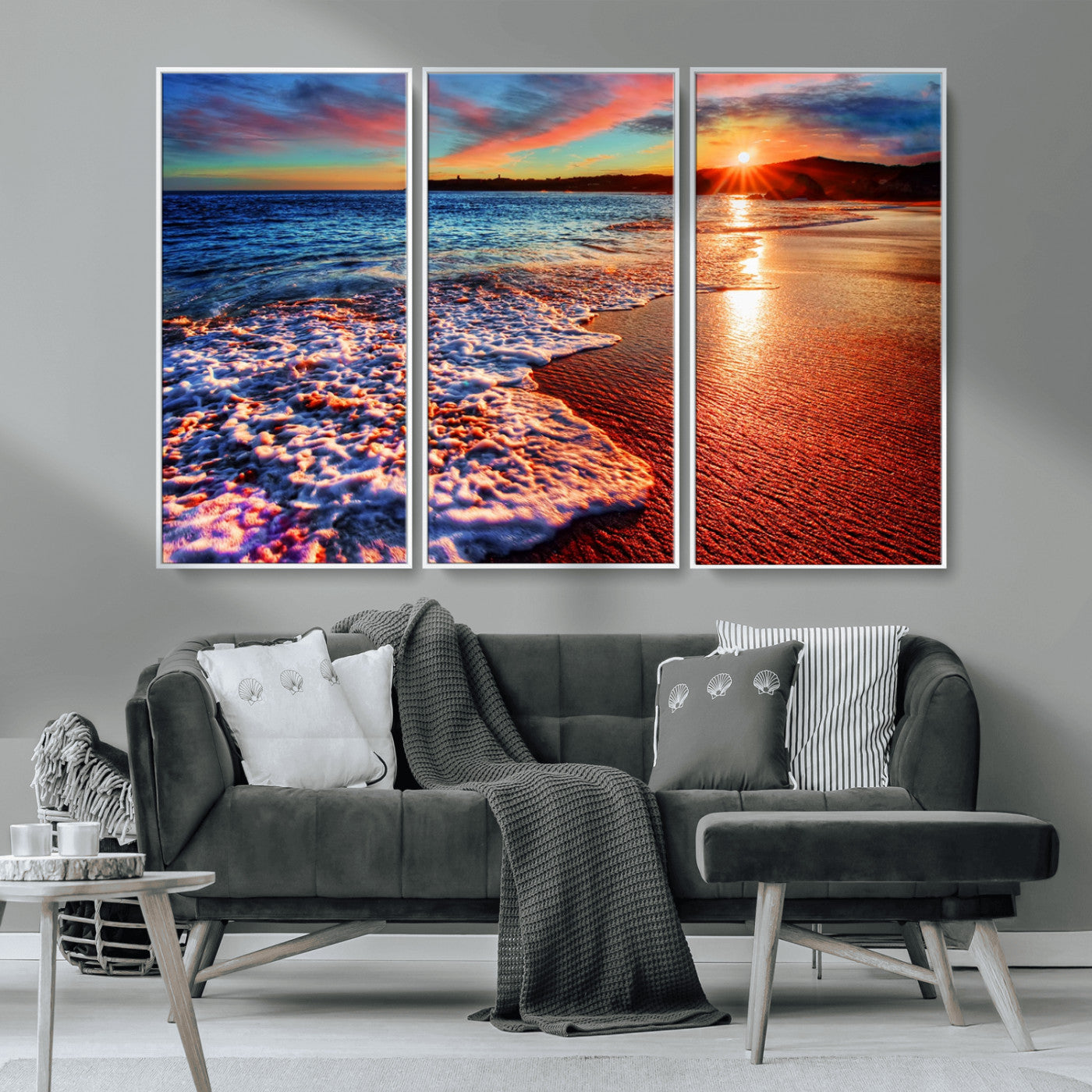 MGV-FC-48X32-3P - Colorful Coastal Sunset on the Beach Canvas Print, Ocean Waves Crashing at Dusk, Multi-Panel Seascape Vibrant Coastal Wall Art Canvas Print
