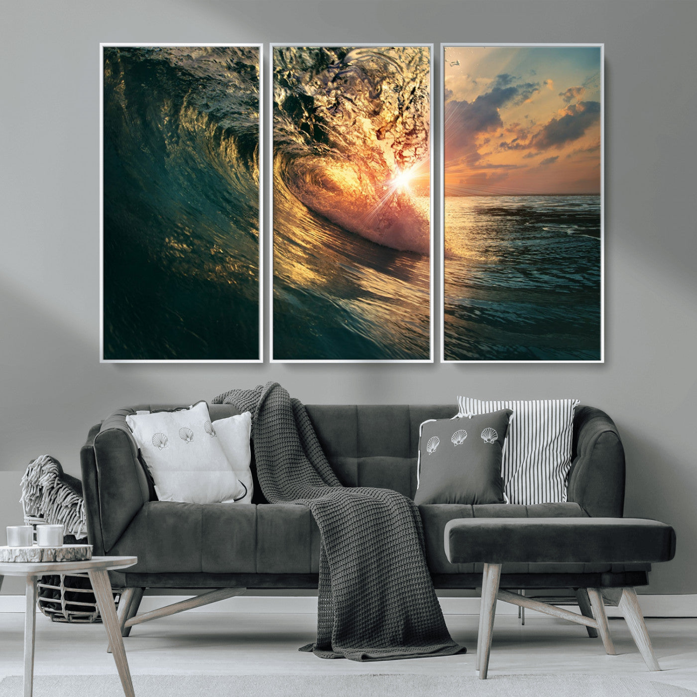 MGV-FC-48X32-3P - Ocean Wave Sunset Canvas Wall Art – Triptych Seascape Print – Framed and Ready to Hang for Living Room or Office
