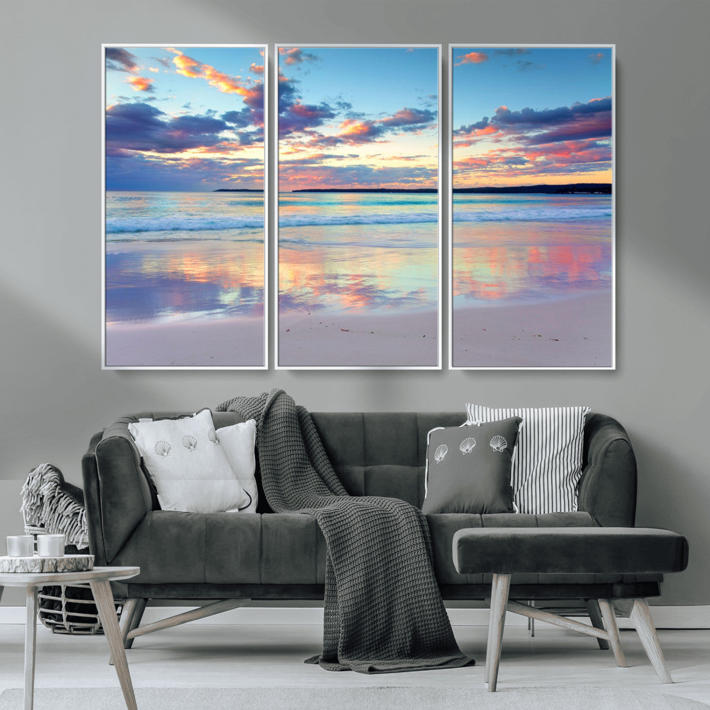 MGV-FC-48X32-3P - Tranquil Pastel Sunset Beach Triptych Canvas Art, Soothing Coastal Ocean Shoreline Giclee Print, Beach Reflections Wall Decor for Serene Spaces