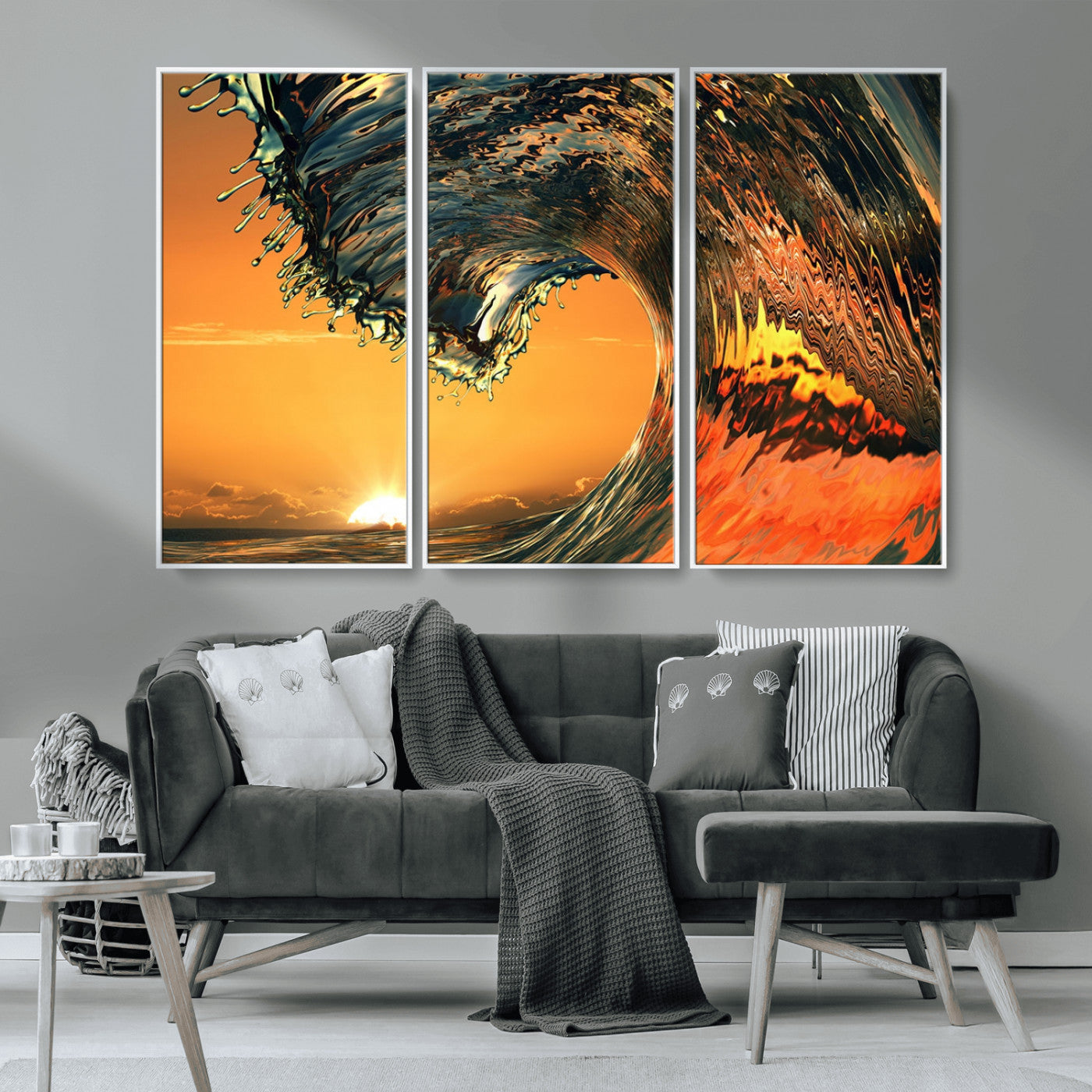 -Surf Wave Sunset Canvas Wall Art Print, 3-Panel Ocean Coastal Wall Art Print, Ocean Decor for