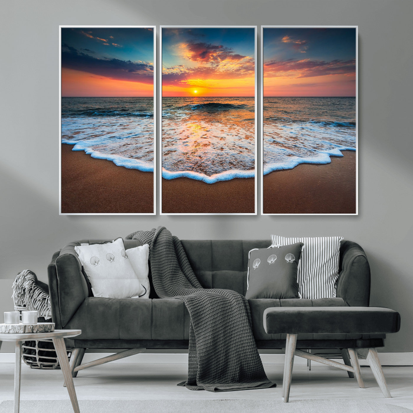 MGV-FC-48X32-3P - Sunset Beach Canvas Wall Art – Colorful Ocean Waves Triptych – Coastal Decor for Living Room or Bedroom – Framed and Ready to Hang
