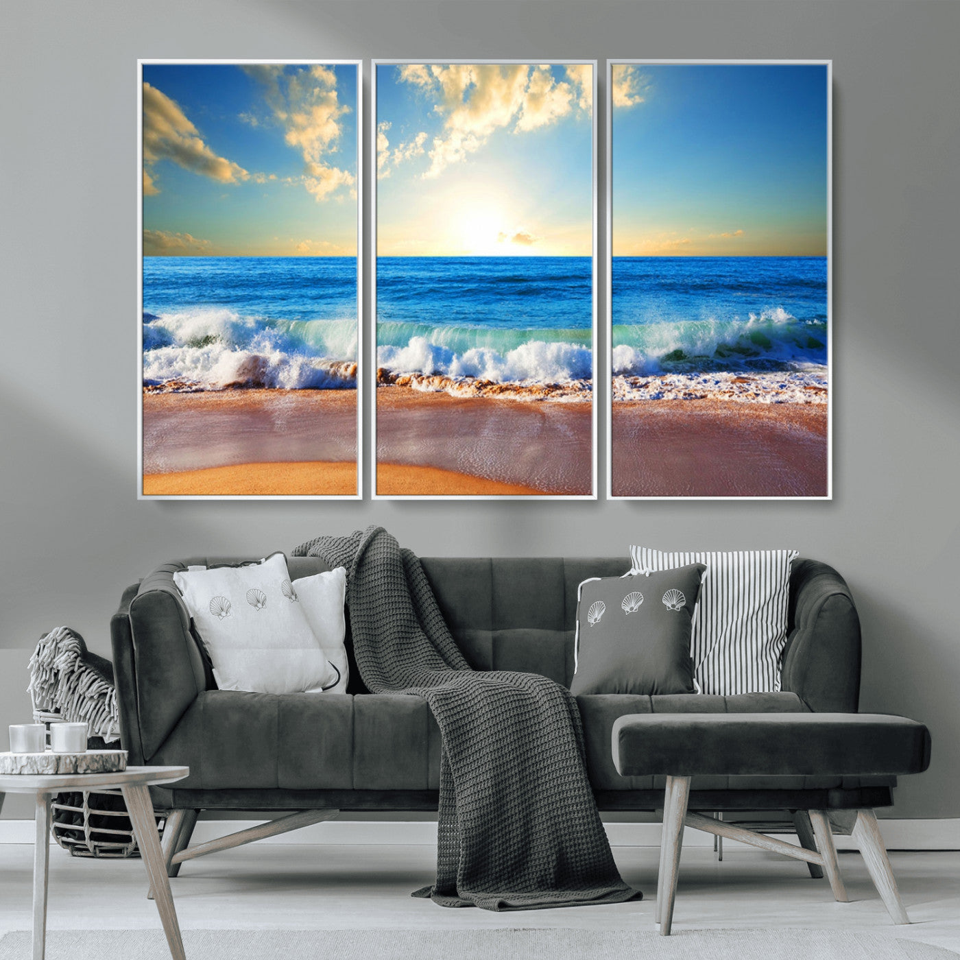 MGV-FC-48X32-3P - Tropical Beach Sunset Canvas Art, Ocean Waves and Sandy Shoreline Wall Art, Large Beach Decor for Coastal Homes