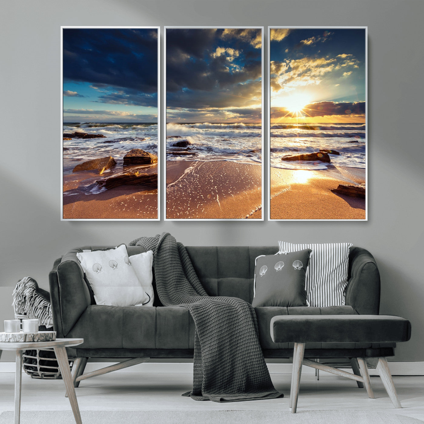 MGV-FC-48X32-3P - Golden Hour Beach Sunset Canvas Triptych, Ocean Waves and Rocks Wall Art for Coastal Home Decor