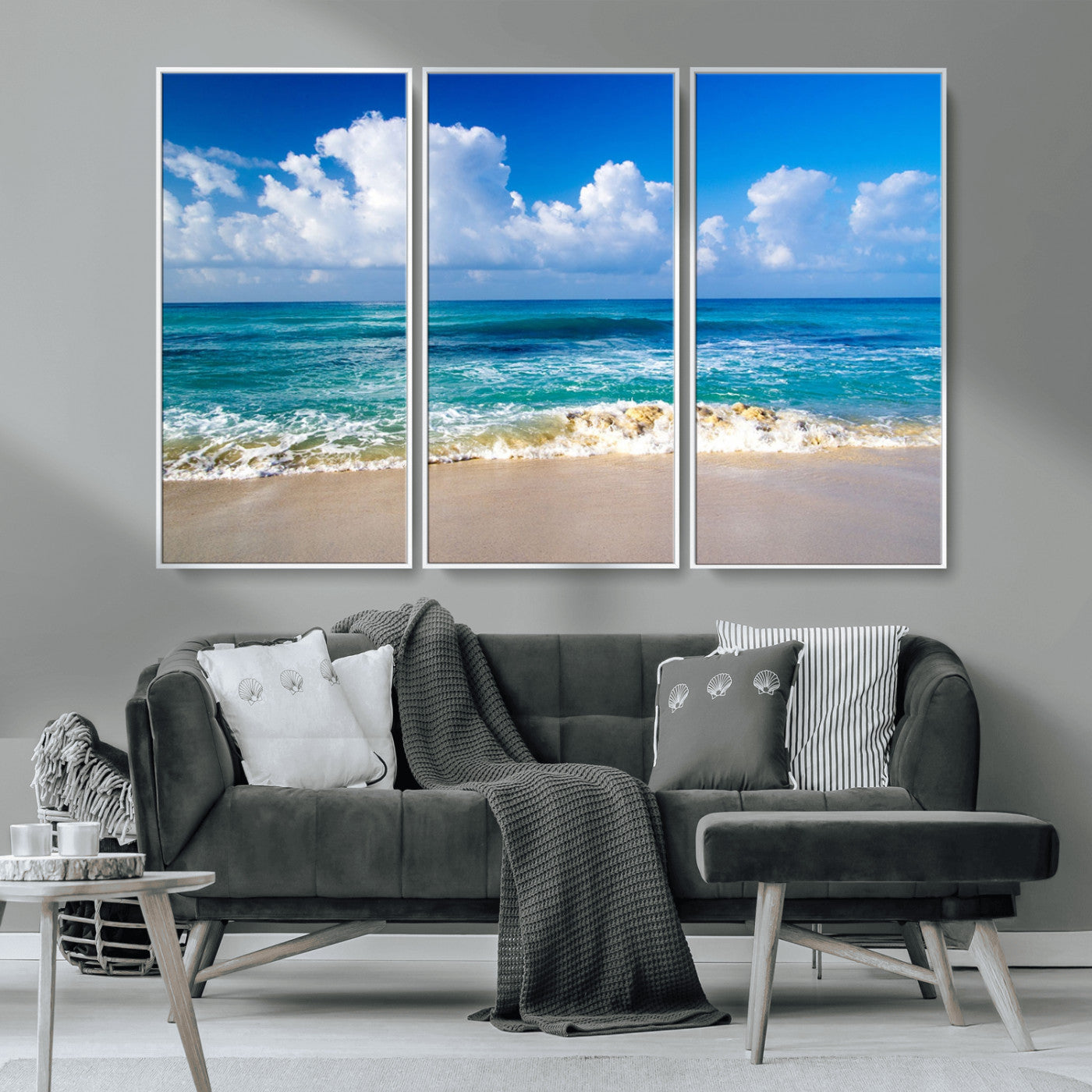 MGV-FC-48X32-3P - Tropical Beach 3-Panel Canvas Wall Art – Serene Ocean Waves and Blue Sky – Giclée Print for Living Room, Office, or Bedroom Coastal Decor