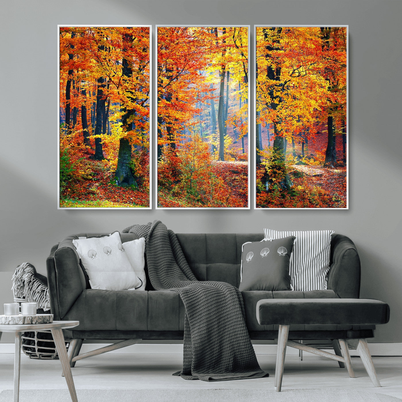 MGV-FC-48X32-3P - Autumn Red Forest Triptych Canvas Wall Art Print, Forest Wall Decor, Fall Landscape Art | Season Nature Landscape for Home or Office
