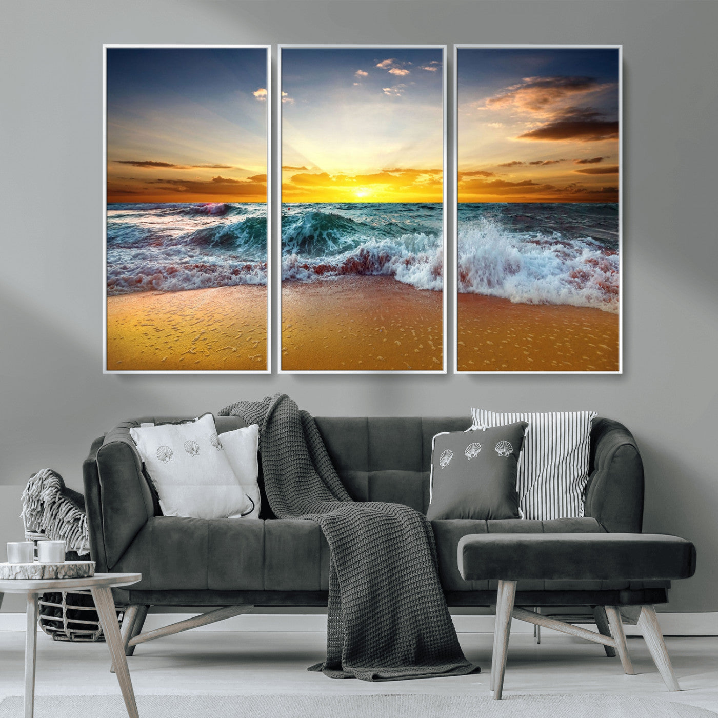 MGV-FC-48X32-3P - Golden Sunset Ocean Waves Wall Art Canvas Print – Multi Panel Beach Canvas Print Set – Large Coastal Triptych Print for Home or Farmhouse Decor