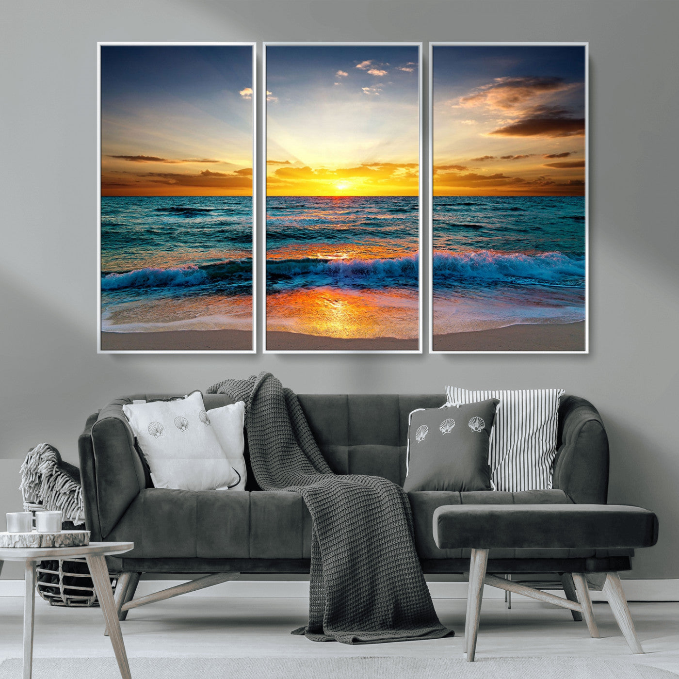 MGV-FC-48X32-3P - Vibrant Ocean Sunrise Over Golden Beach Waves, Giclee Canvas Wall Art Set, High-Quality Stretched Canvas Print, Ready to Hang Coastal Sunset Wall