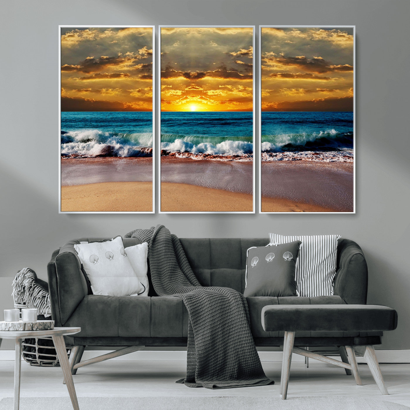 MGV-FC-48X32-3P - Ocean Sunrise Over Golden Beach Waves, Giclee Canvas Wall Art Set, High-Quality Stretched Canvas Print, Ready to Hang Coastal Sunset Wall Decor