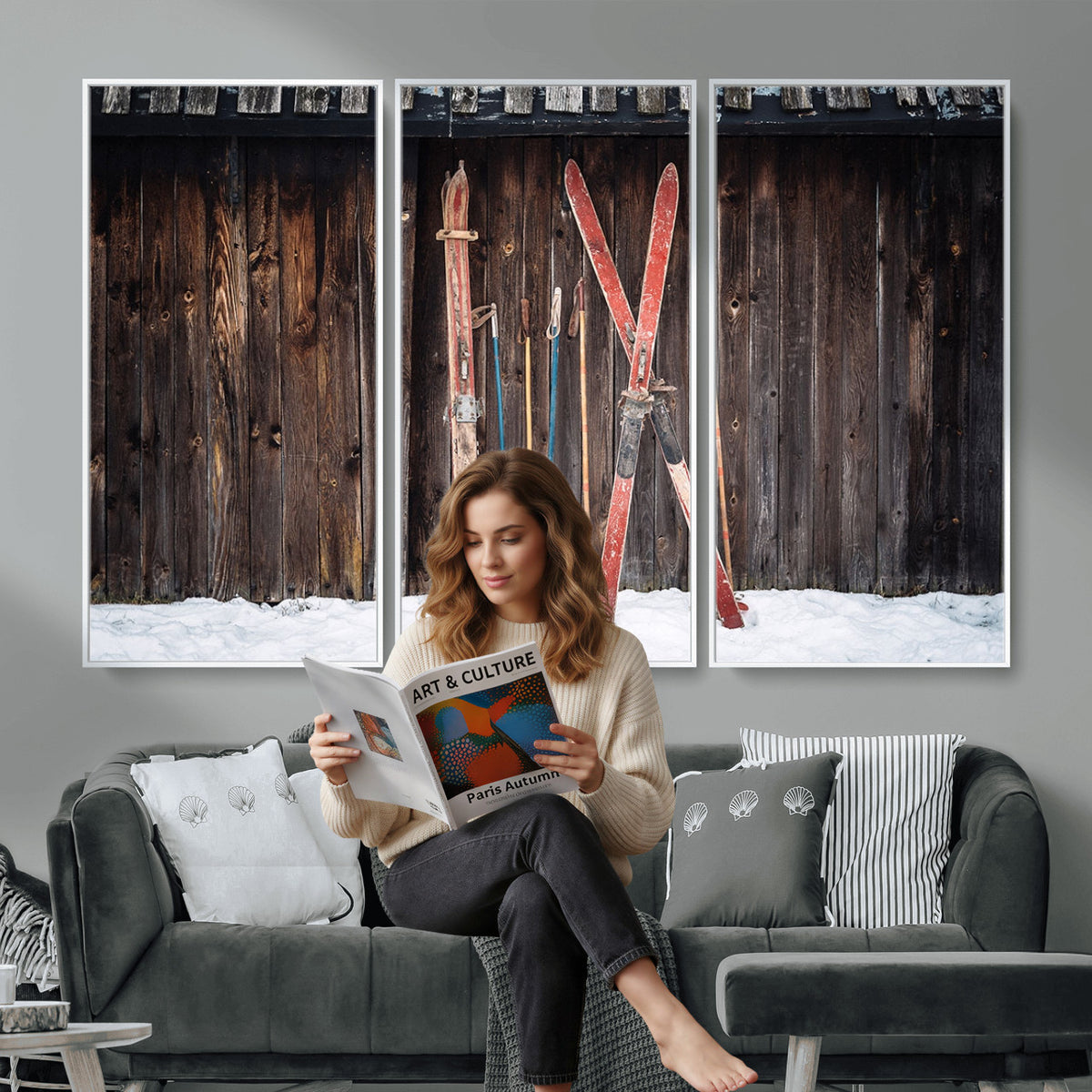 78590-MGV-CV-36X24 - Vintage Ski Gear Canvas Print, Vintage Ski Gear Against Wooden Cabin Wall