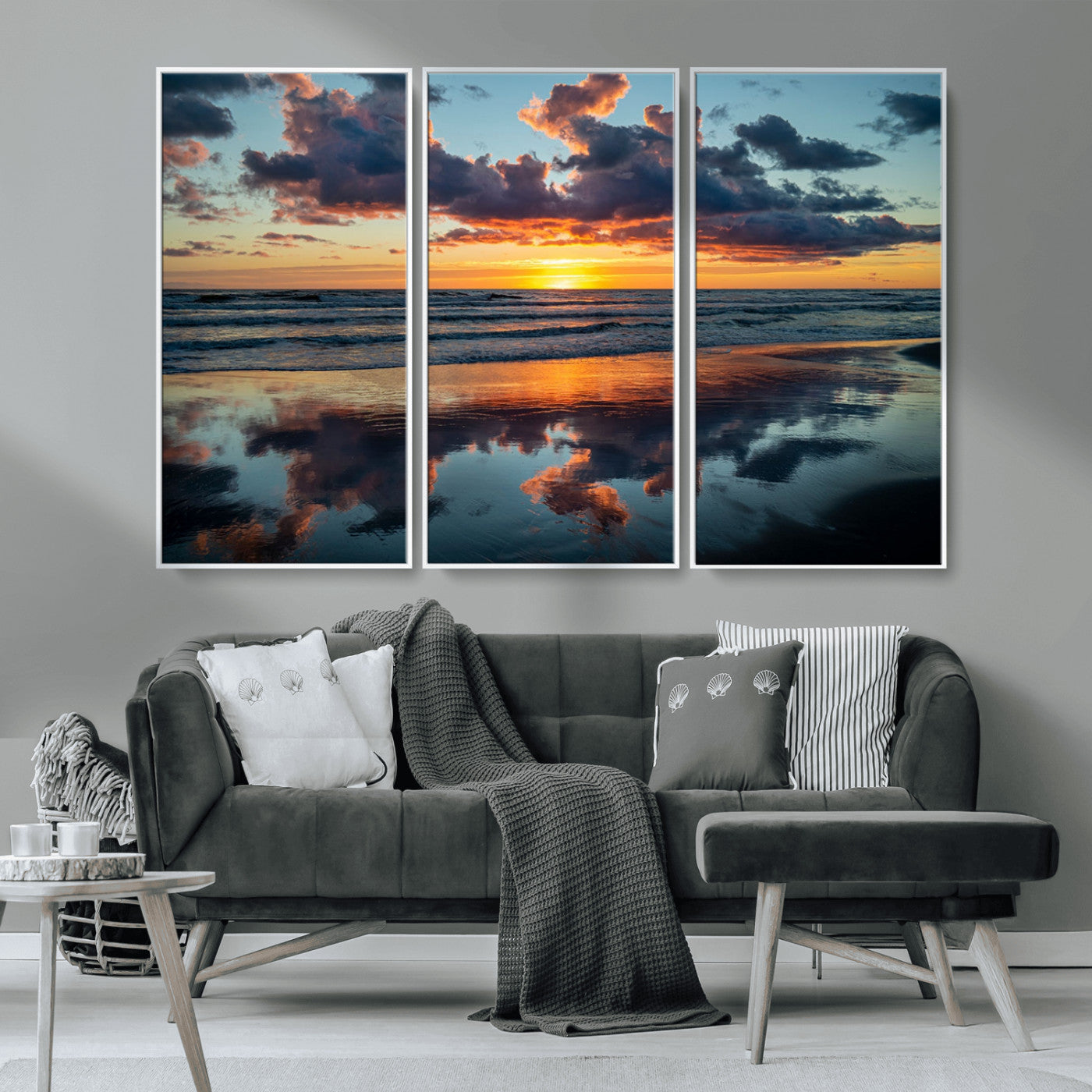 MGV-FC-48X32-3P - Beach Sunset Print - Stunning Ocean Canvas Artwork with Sunset Reflection Design for Elegant Home or