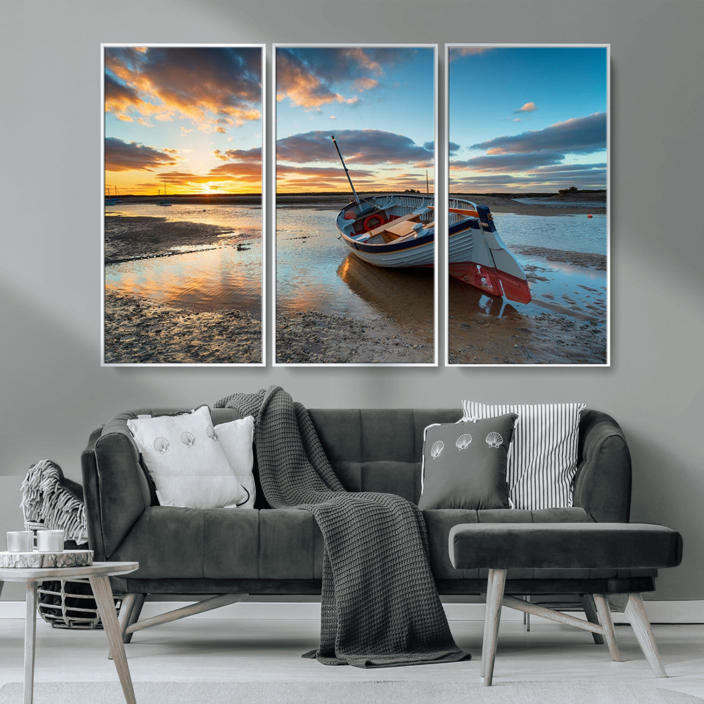 MGV-FC-48X32-3P - Small Boat At The Beach Sunset Wall Art, Boat Sunset Wall Art Canvas Print