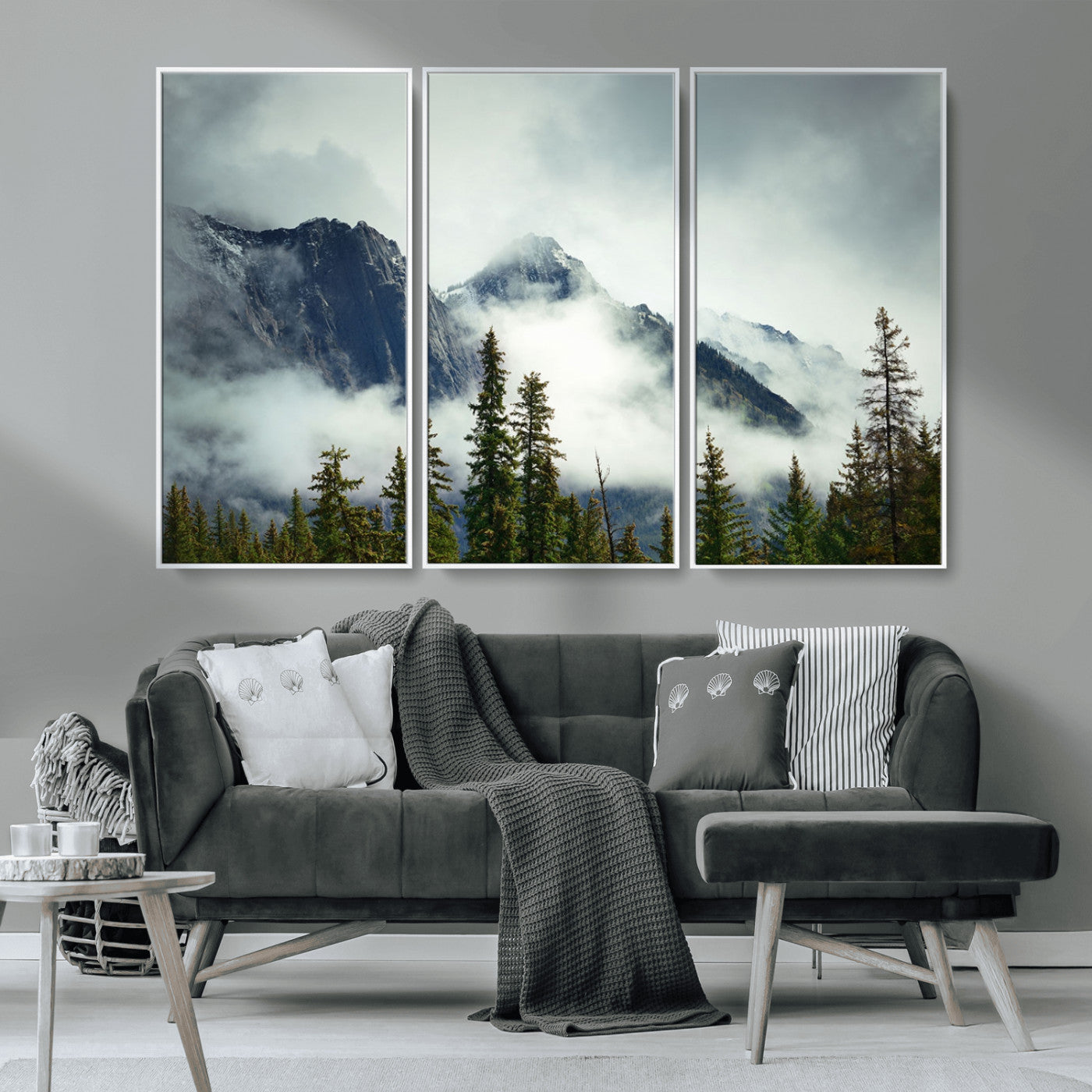 MGV-FC-48X32-3P - Mountain Mist Canvas Wall Art | 3-Panel Foggy Forest and Mountain Landscape | Large Giclee Print for Living Room, Office, or Cabin, Farmhouse Decor