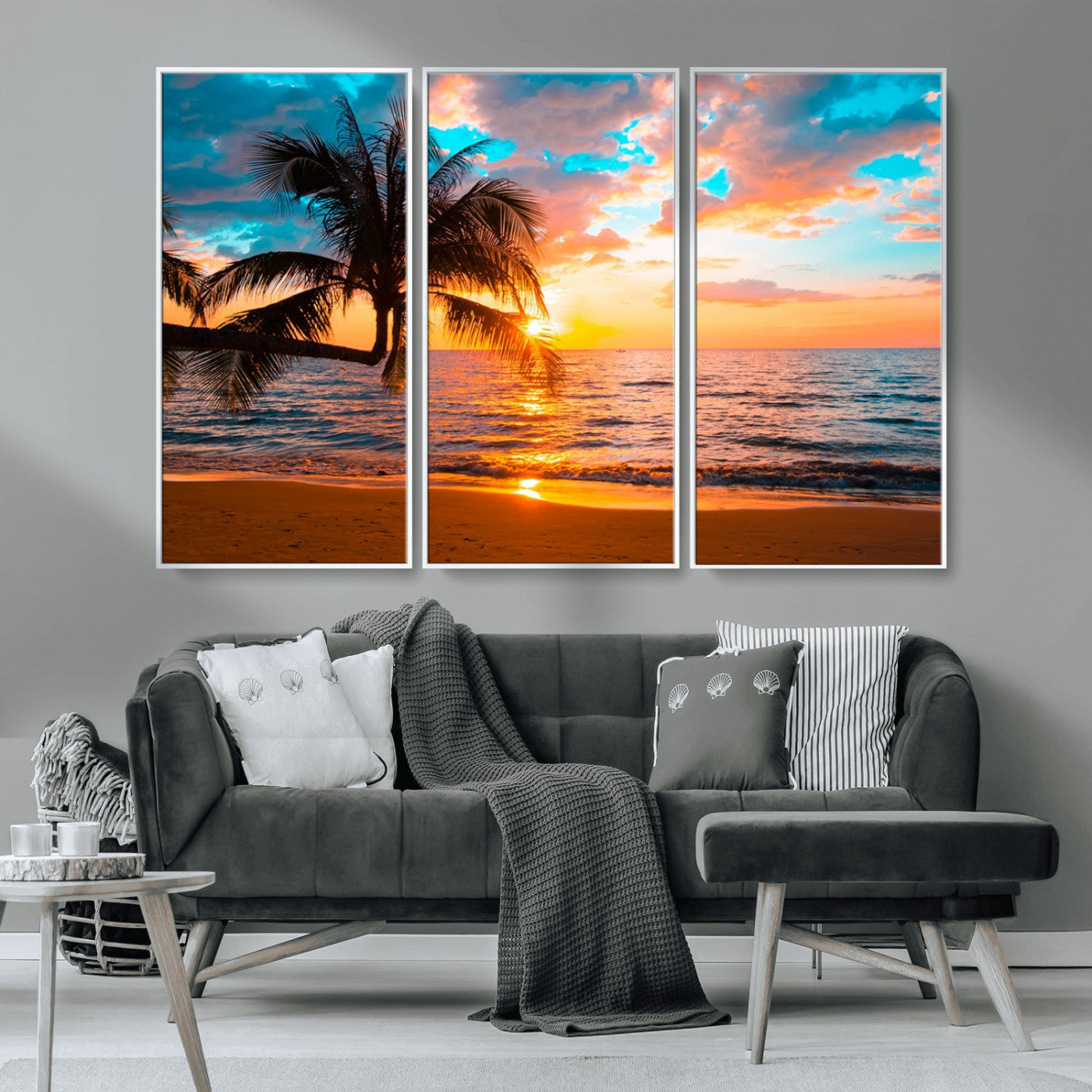 -Palm Tree Sunset On The Beach Wall Art Canvas, Framed Palm Tree Sunset Canvas Print