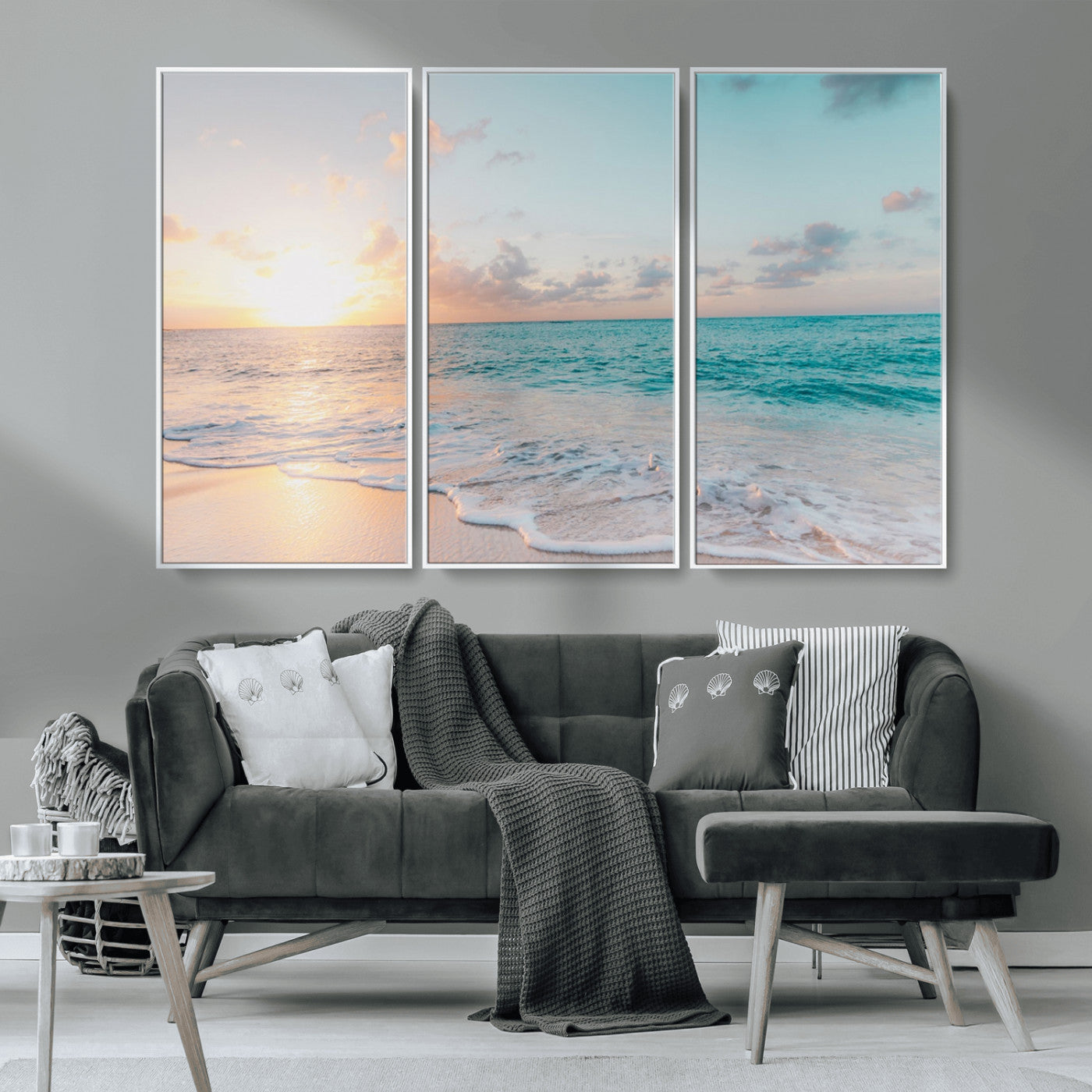 MGV-FC-48X32-3P - Tranquil Ocean Beach Sunset Canvas Wall Art | 3-Panel Coastal Decor