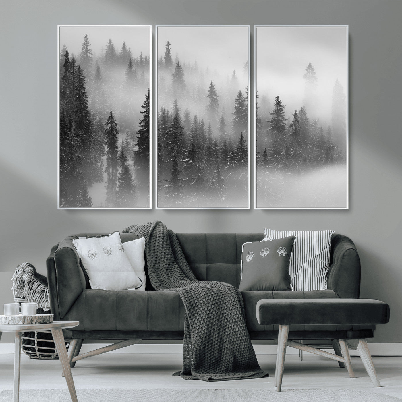 MGV-FC-48X32-3P - Black and White Forest Wall Art Print – Misty Pine Tree Canvas Print – Winter Woodland Nature Artwork – Perfect for Minimalist Home Decor