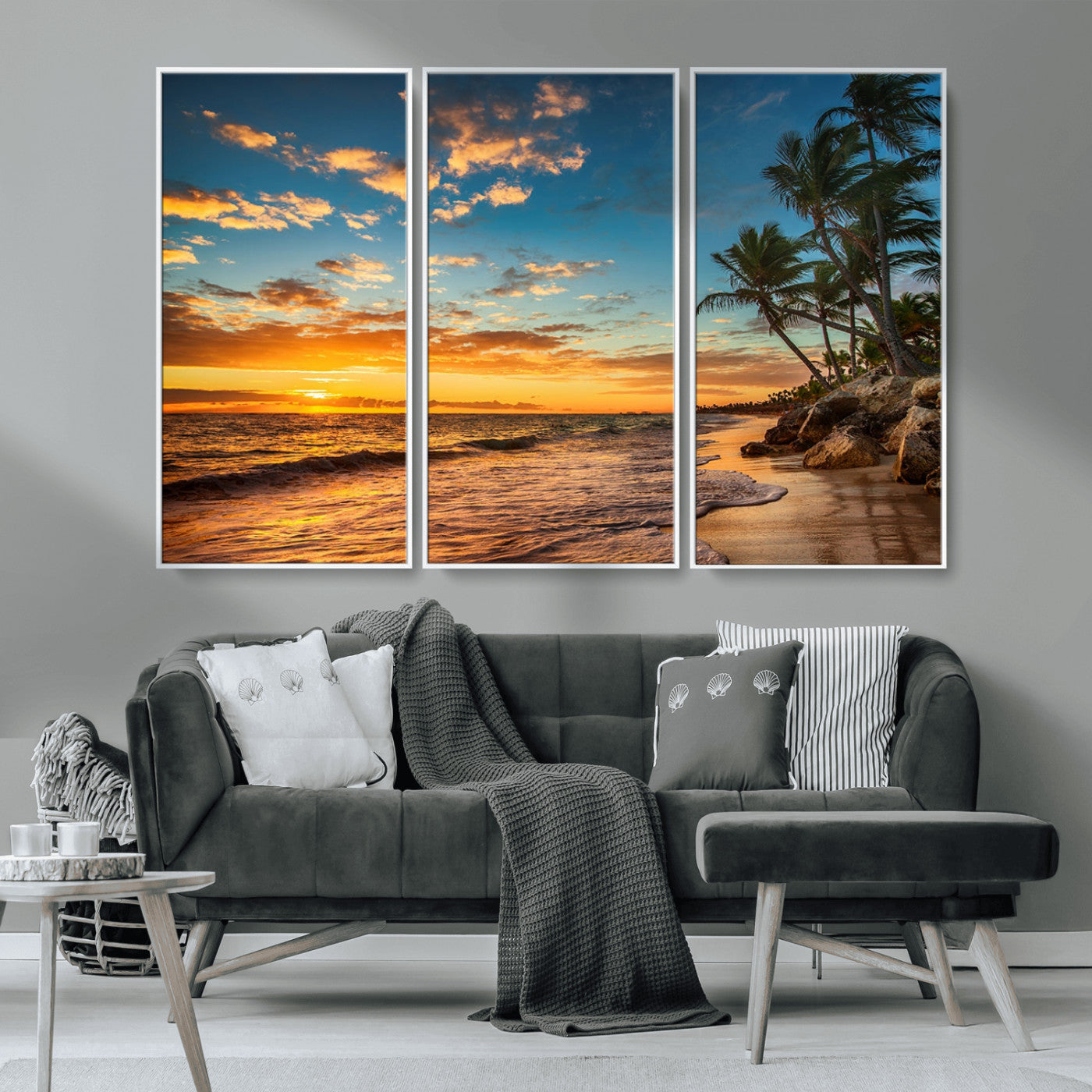 MGV-FC-48X32-3P - Tropical Beach Sunset Wall Art Print – Palm Tree Coastal Canvas Print – Ocean Seascape Artwork – Perfect for Tropical Modern Home Decor