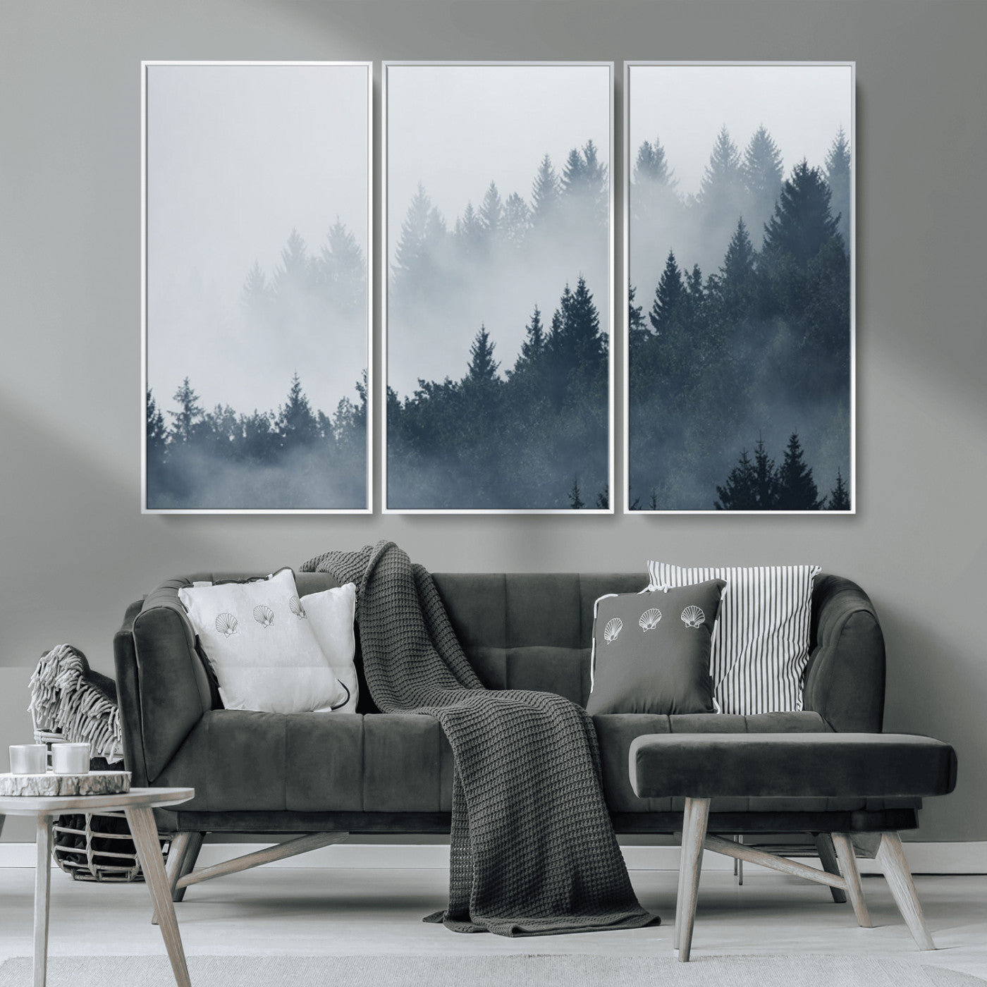 MGV-FC-48X32-3P - Misty Forest Wall Art Print – Foggy Pine Tree Canvas Print – Dark Woodland Nature Artwork – Perfect for Minimalist and Modern Home Decor