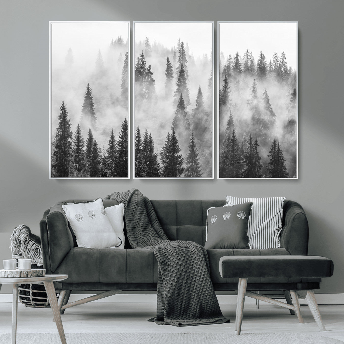 MGV-FC-48X32-3P - Forest Wall Art Print | Foggy Pine Forest Canvas Wall Art - Black and White Nature Decor for Living