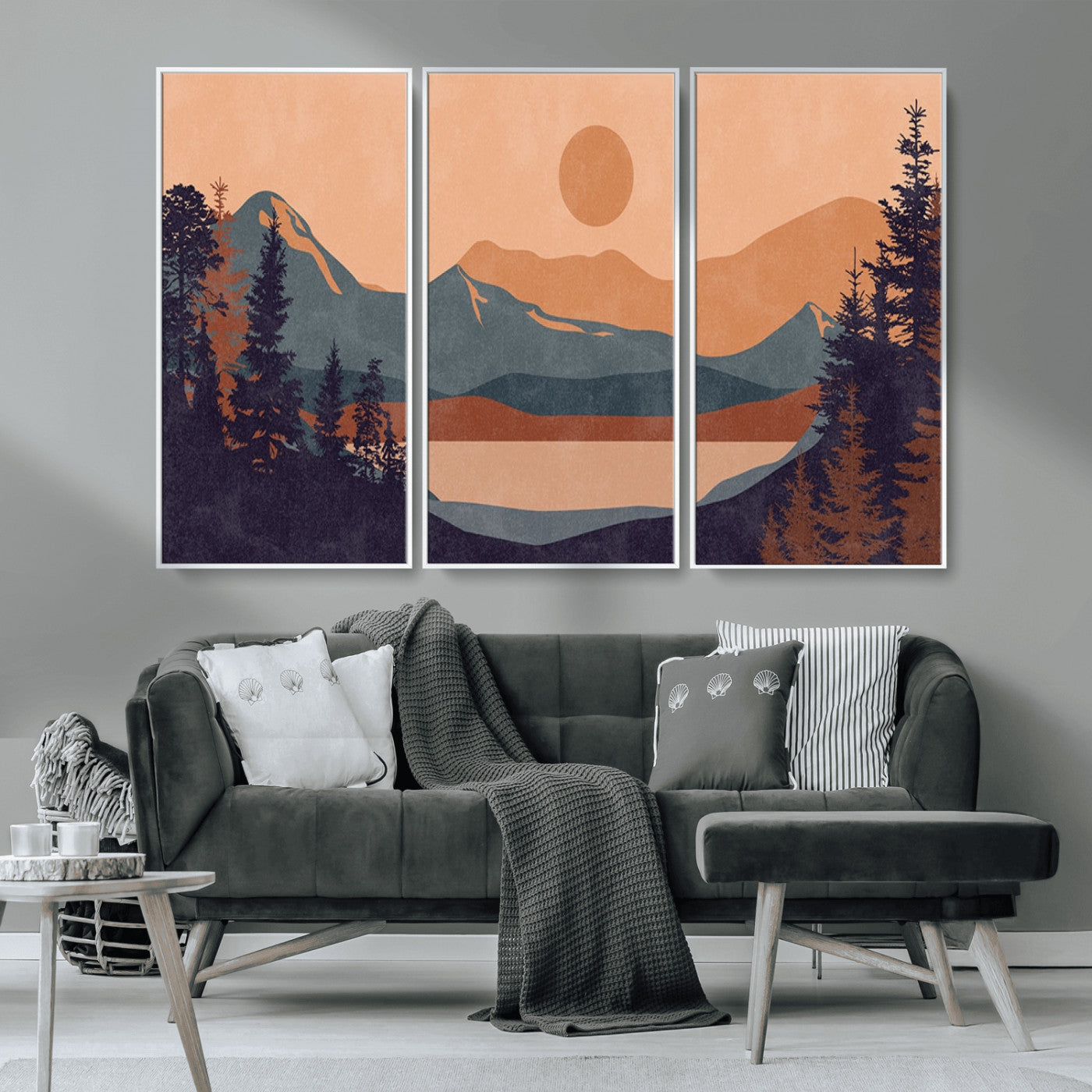 MGV-FC-48X32-3P - Modern Boho Sunset Canvas Print, Mountain Landscape Triptych – Giclée Canvas Art Print for Living
