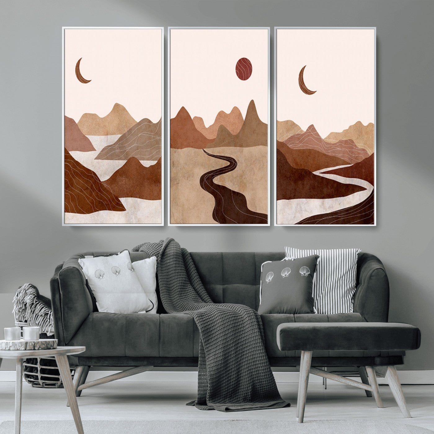 MGV-FC-48X32-3P - Boho Wall Art Canvas Print Set Mid-Century Prints Bohemian Wall Artwork Prints Boho Neutral