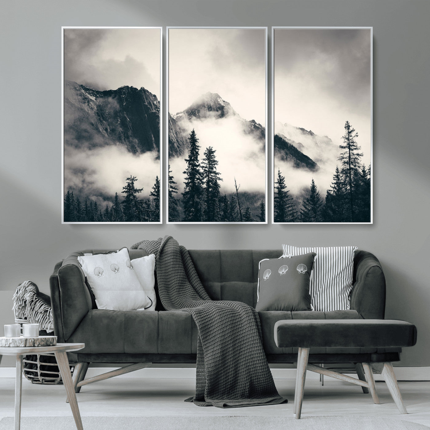 MGV-FC-48X32-3P - Large Foggy Mountain Forest Wall Art Canvas Print | Misty Mountain Peaks and Pine Trees Print | Framed Gallery Wrap | Rustic Nature Farmhouse Decor