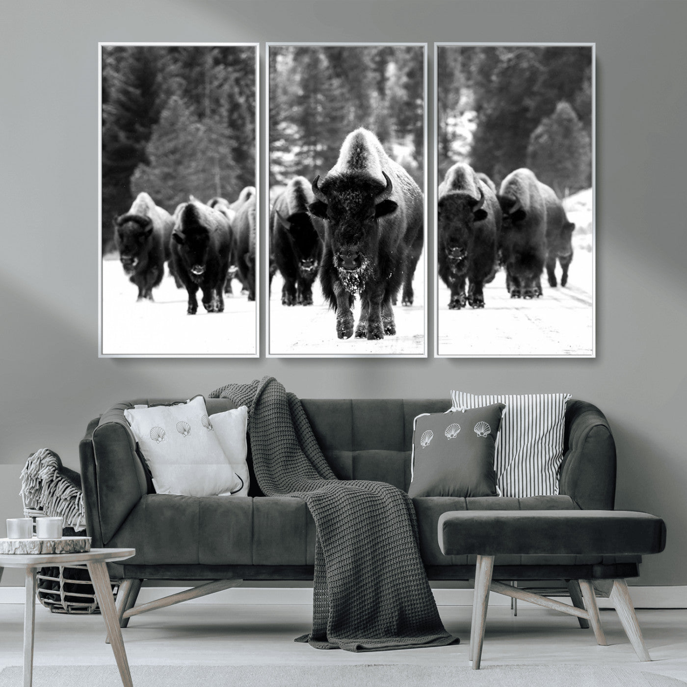 62434-MGV-CV-36X24-Bison Herd in Snow Wall Art Canvas Print | Rustic Western Bison Wall Art for Decor for Living Room,