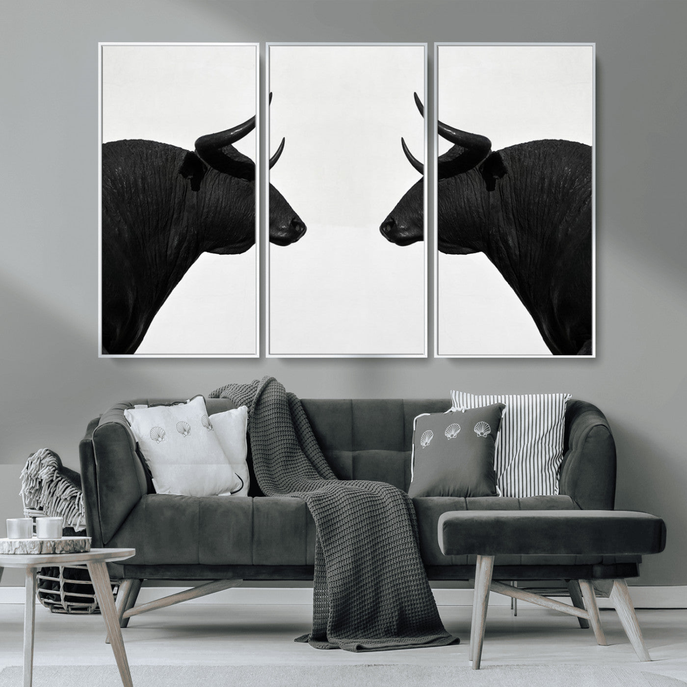 -Spanish Bull Art - Framed Black and White Bull Canvas Print for Modern Rustic Home or Office Decor