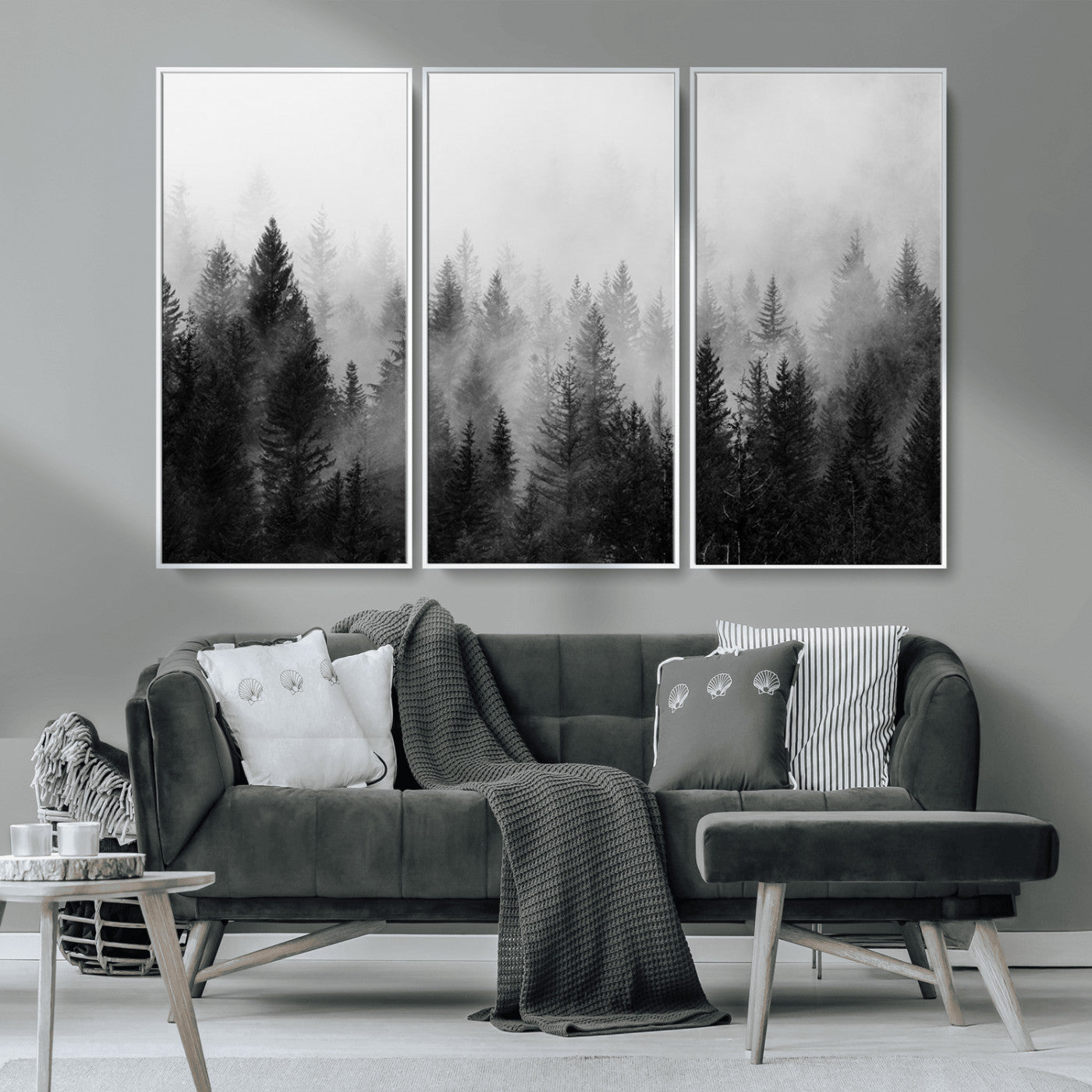 MGV-FC-48X32-3P - Foggy Black and White Forest Wall Art, 3 Panel Misty Pine Trees Canvas Print for Living Room, Office, or Bedroom, Nature-Inspired Woodland Wall Decor