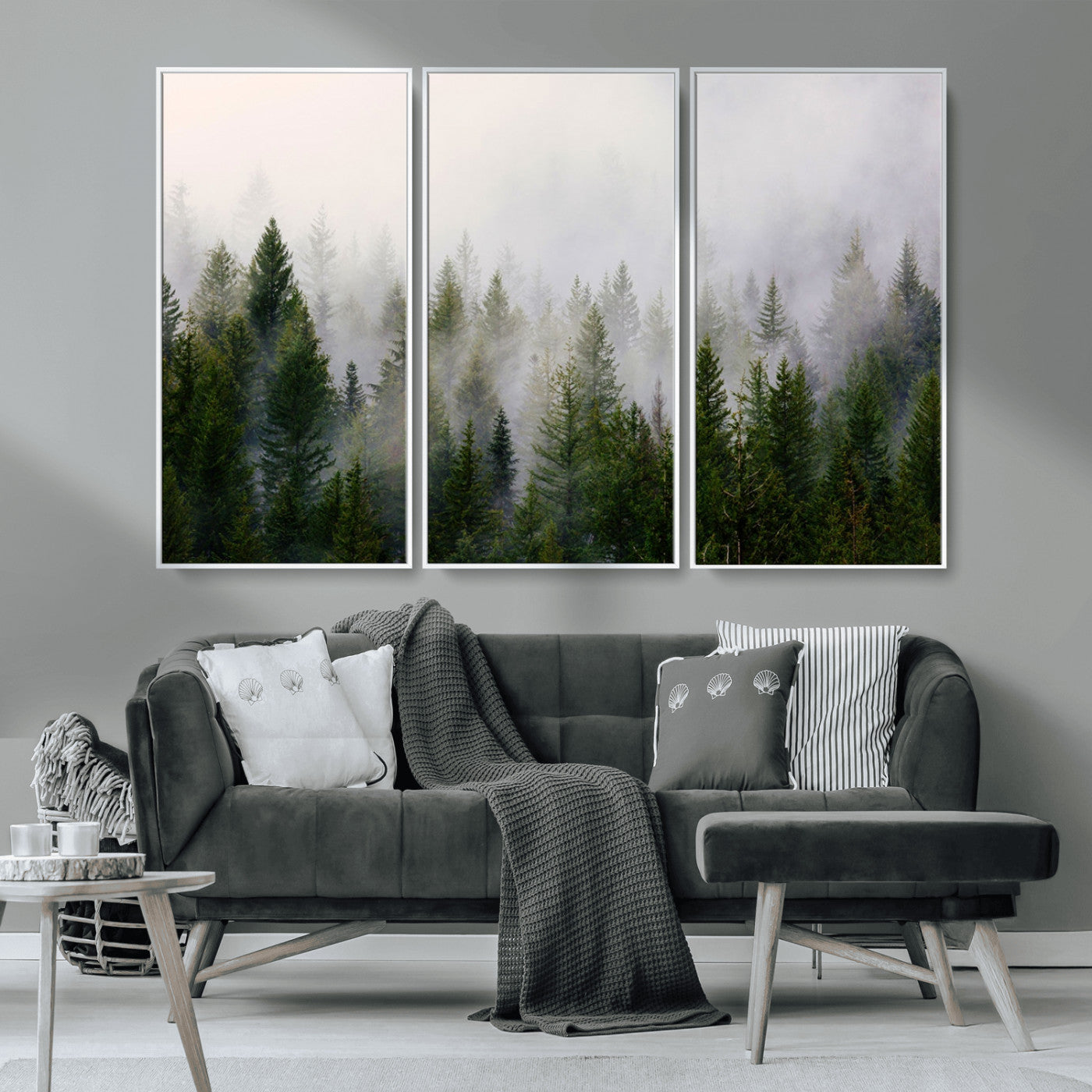 MGV-FC-48X32-3P - Misty Pine Forest Wall Art Canvas Print | 3 Panel Green Woodland Canvas Print for Living Room, Office, or Dining Room | Nature Foggy Forest Decor