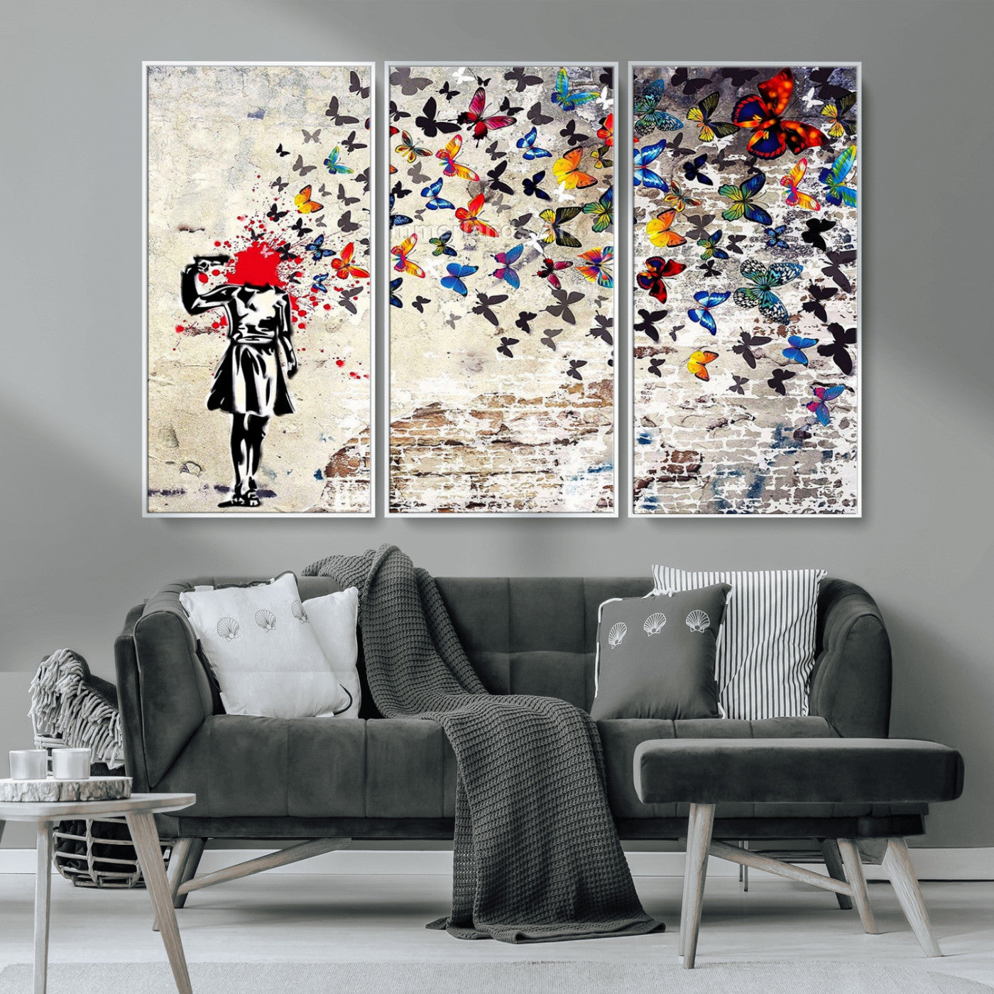 MGV-FC-48X32-3P - Banksy Art Butterfly Girl Explosion Canvas Art – Vibrant Urban Graffiti for Modern Interiors - Ready to Hang