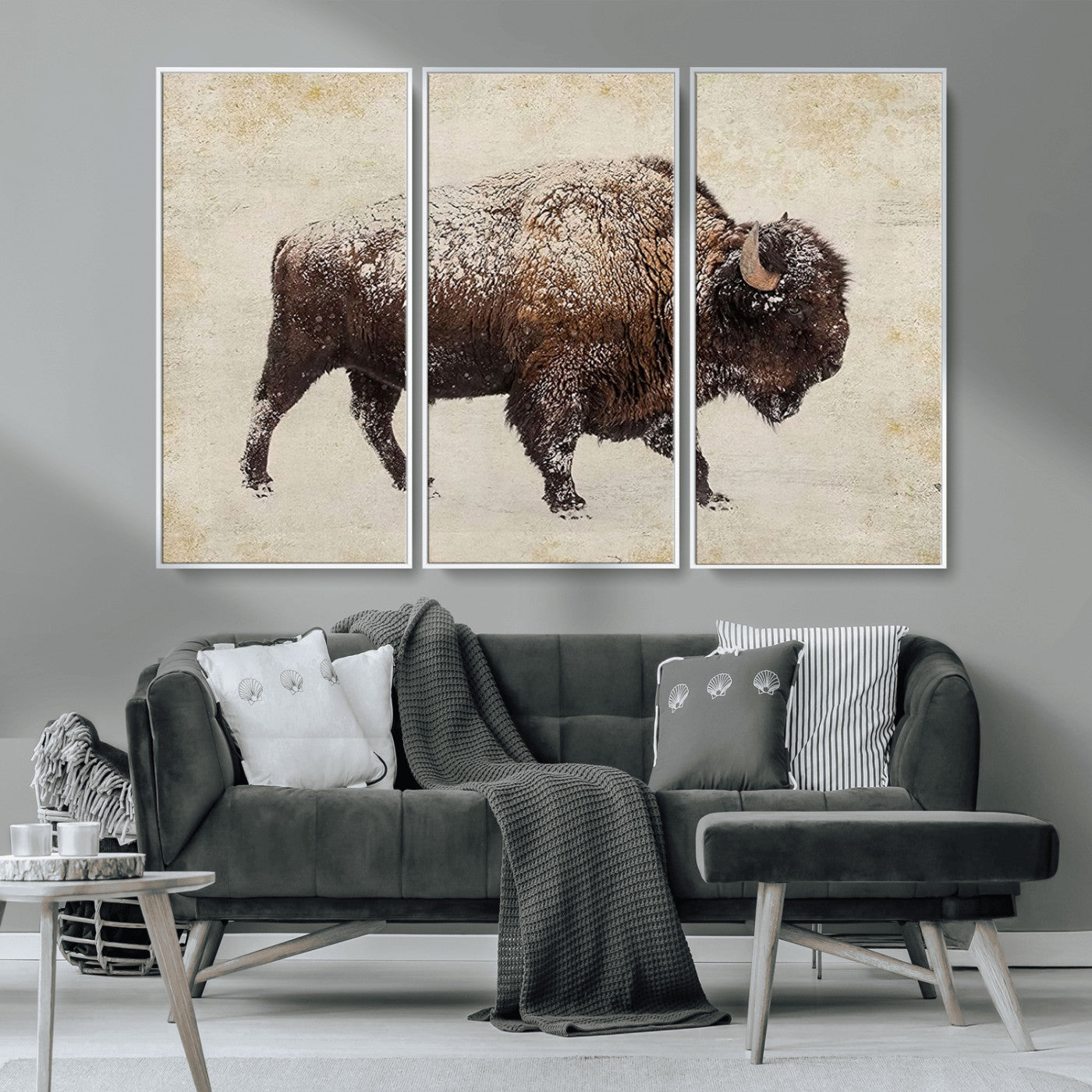 MGV-FC-48X32-3P - Buffalo Wall Art, Western Bison Canvas Print, Rustic Buffalo Art for Cowboy Western Decor, Large Multi-Panel Giclee Canvas for Farmhouse Wall Decor