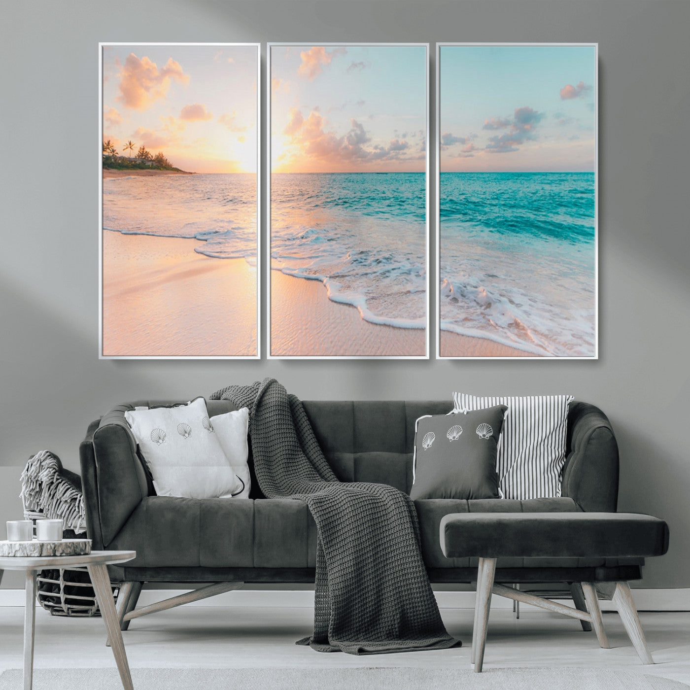 MGV-FC-48X32-3P - Beach Sunrise Wall Art, Coastal Seascape Canvas Print, Ocean Wave Multi-Panel Giclee, Coastal Sunset Beach Scene for Modern Decor