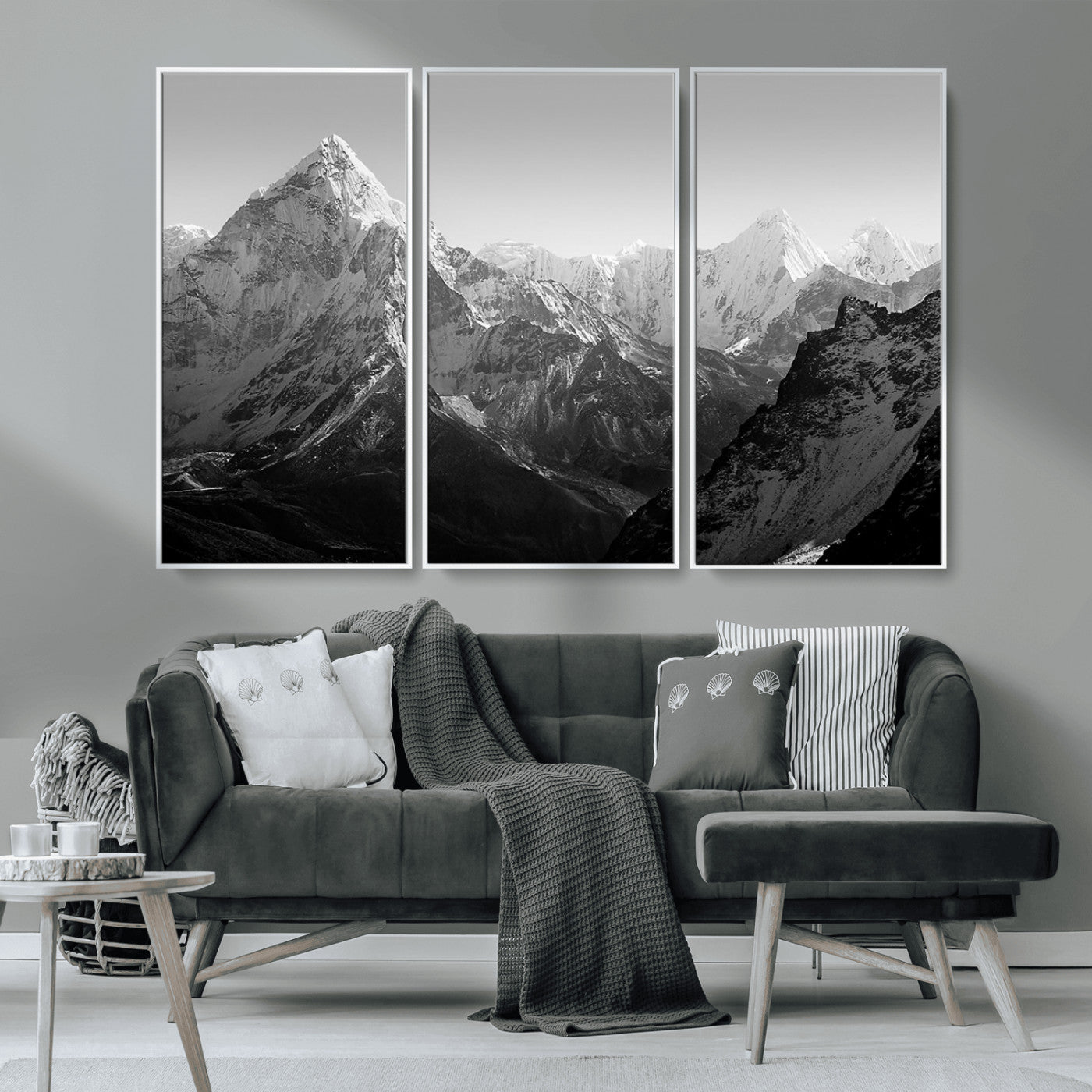 MGV-FC-48X32-3P - Everest Himalaya Mountain Peaks Black & White Triptych Canvas Art – Mountain Wall Decor for Minimalist Interiors