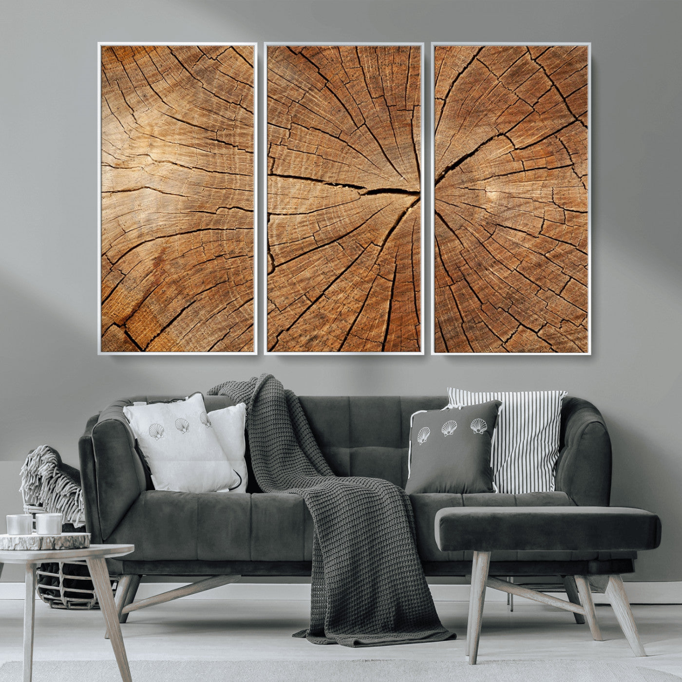 MGV-FC-48X32-3P - Tree Ring Canvas Art, Rustic Wood Grain Wall Art, Tree Slice Decor for Modern Homes, Giclee Multi-Panel Print, Tree Ring Wall Art Set