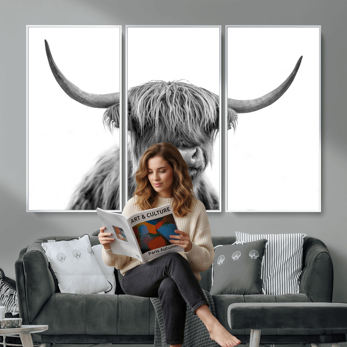 75503-_Poster-30x20 - Scottish Highland Cow Cattle Art Print Wall Art Canvas Print for Farmhouse Decor, Framed Scottish