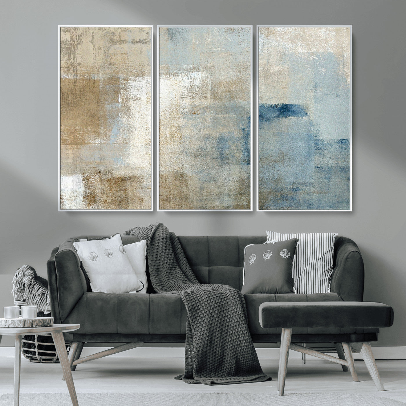 MGV-FC-48X32-3P - Abstract Blue and Beige Wall Art, Modern Minimalist Canvas Print Set, Giclee Textured Art, Large Multi-Panel Artwork for Living Room