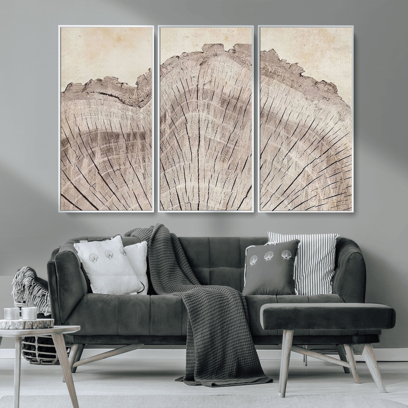 MGV-FC-48X32-3P - Tree Ring Wall Art Triptych, Rustic Wood Ring Canvas Print, Minimalist Wall Decor for Modern Homes and Farmhouse Decor