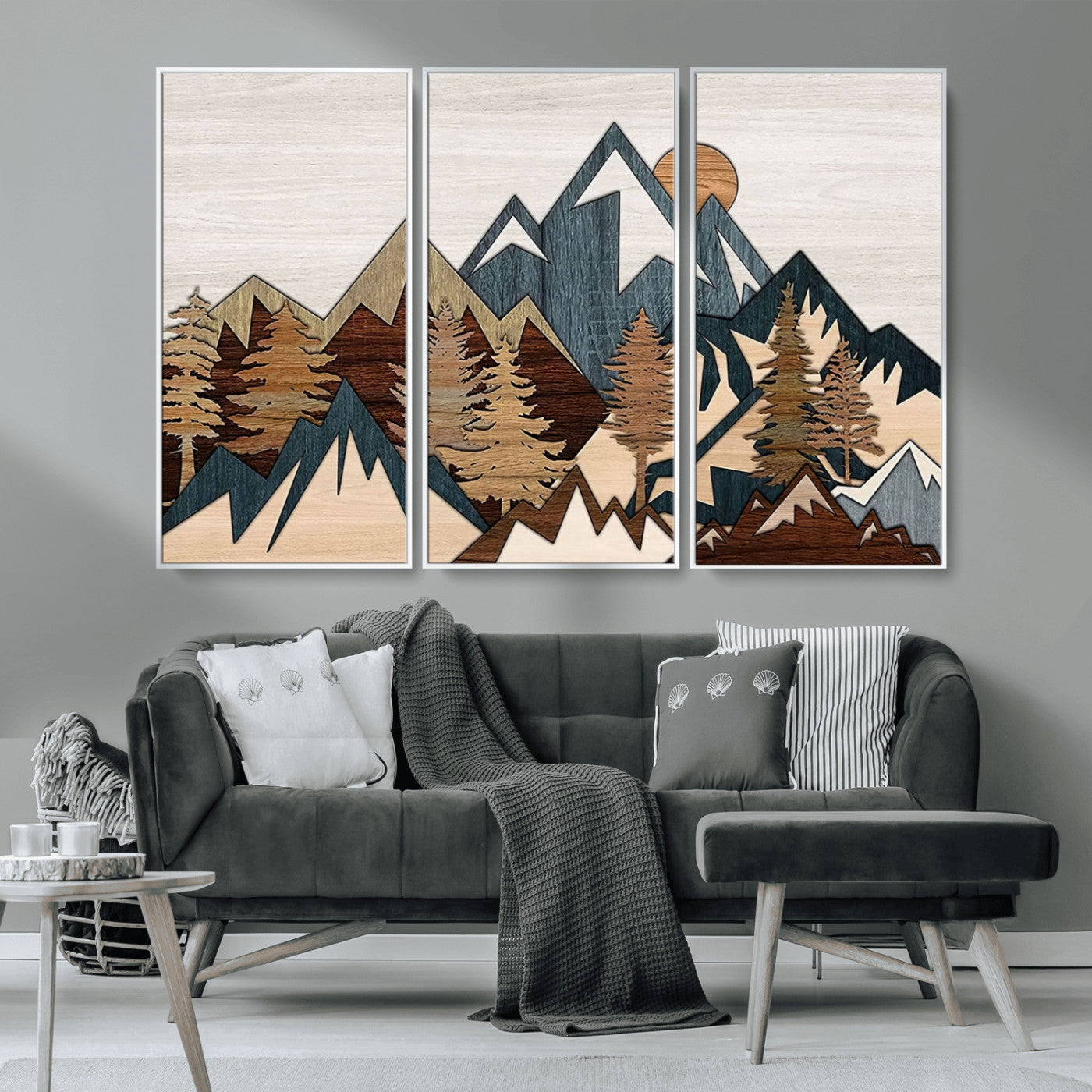 MGV-FC-48X32-3P - Woodland Mountain Landscape Triptych, Giclee Canvas Art for Modern Home, Rustic Wooden Nature Wall Art, Large Mountain and Tree Canvas for Living Room