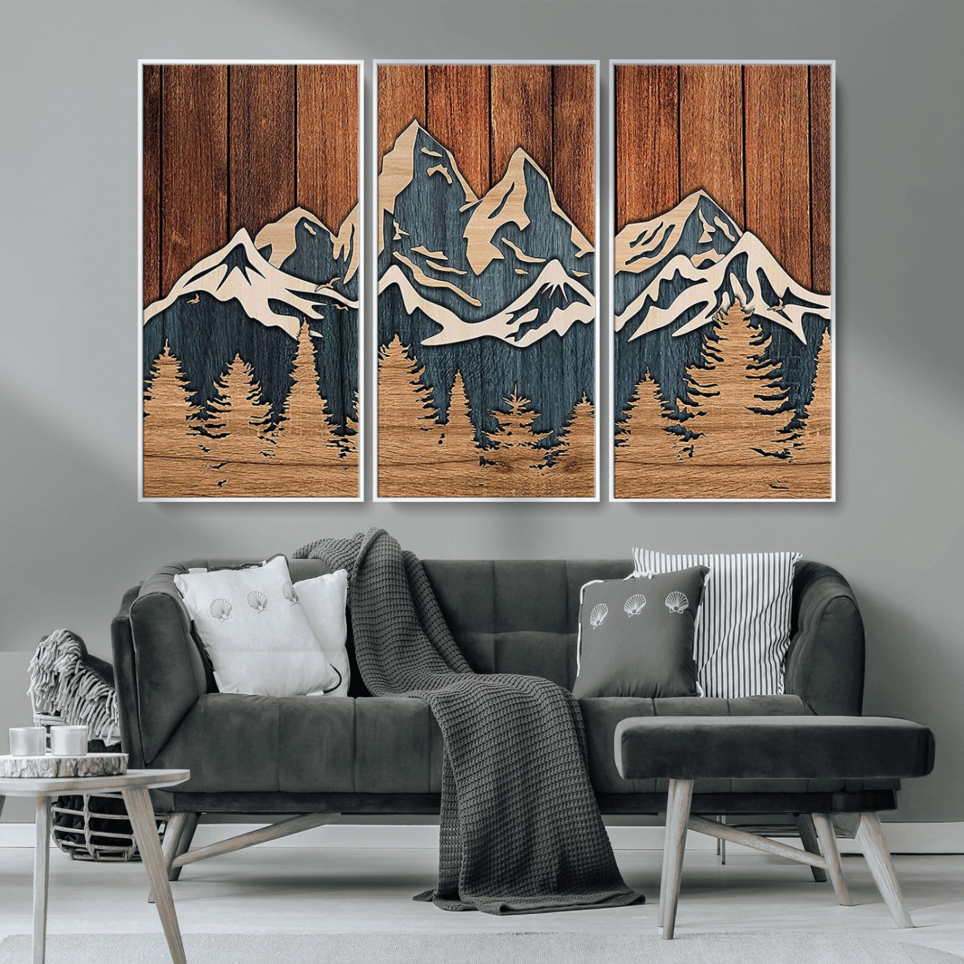 MGV-FC-48X32-3P - Rustic Wood Style Mountain Wall Art, Nature Forest Canvas Print, Wooden Textured Mountain Artwork, Handcrafted Landscape Decor for Farmhouse Decor