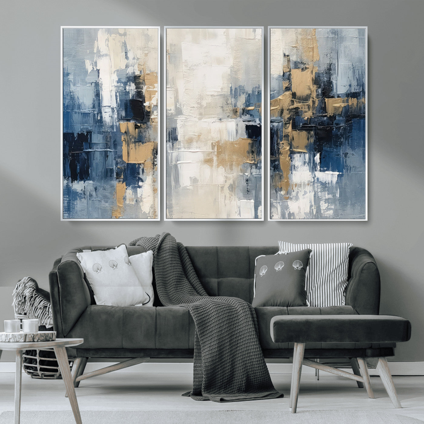 -Modern Abstract Canvas Wall Art in Blue and Gold Tones | Large Contemporary Art for Living Room,