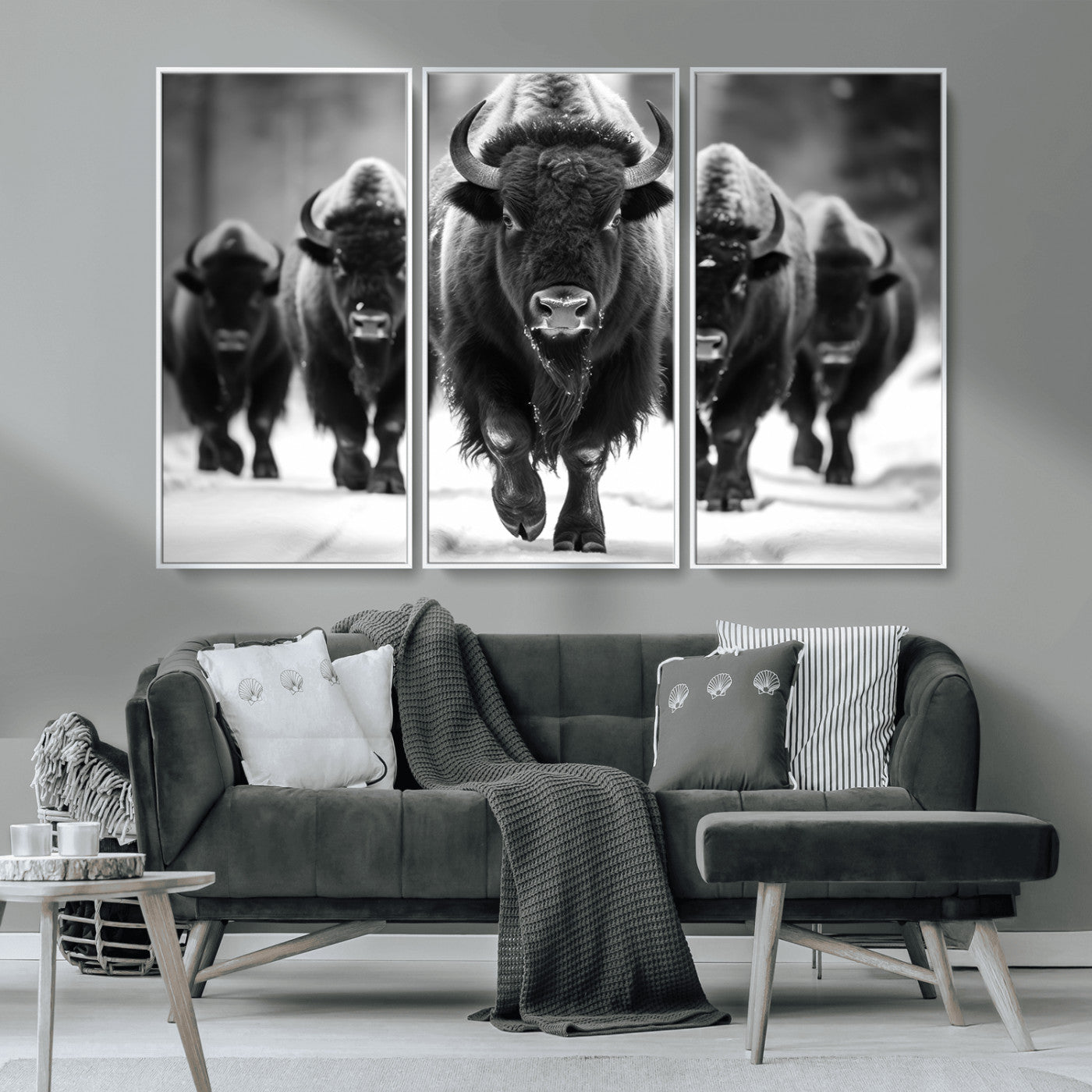 MGV-FC-48X32-3P - American Bison Art | Buffalo Herd Wall Art Canvas Print, BW American Bison Herd Wall Art Canvas Print
