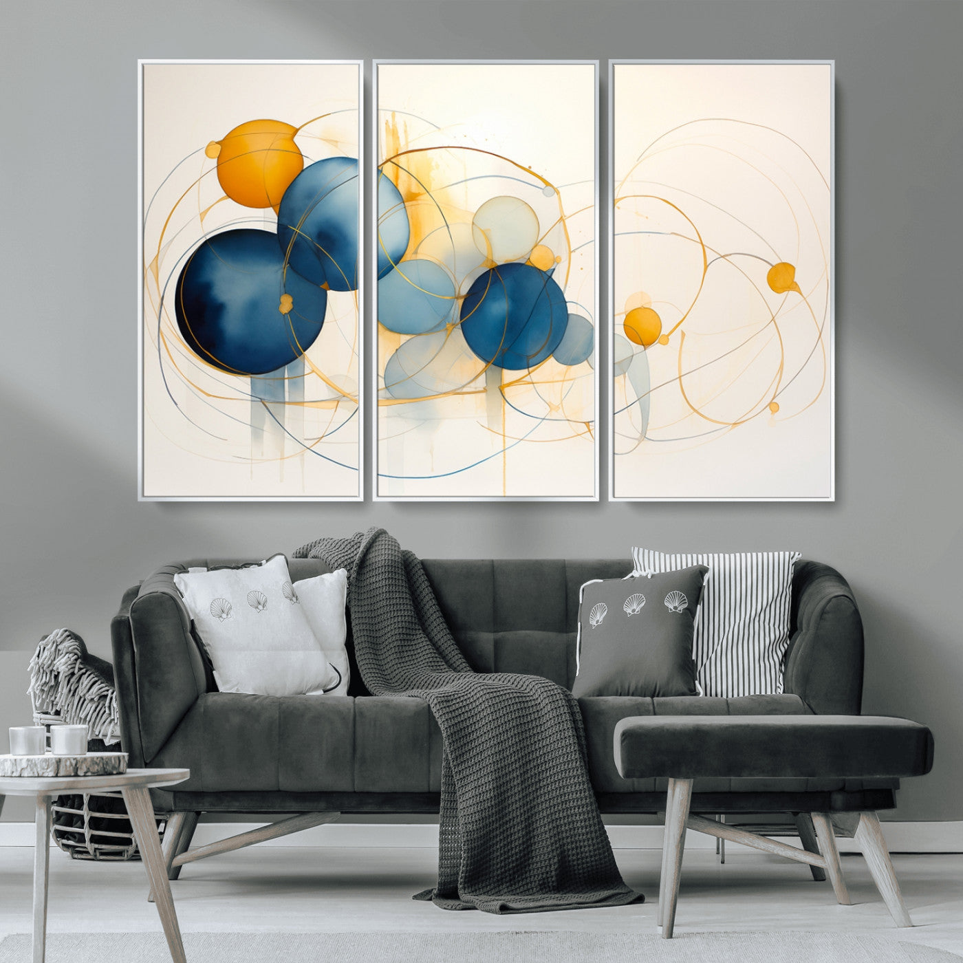 -Geometric Blue Orange Abstract Wall Art Canvas, Geometric Blue Orange Canvas Print
