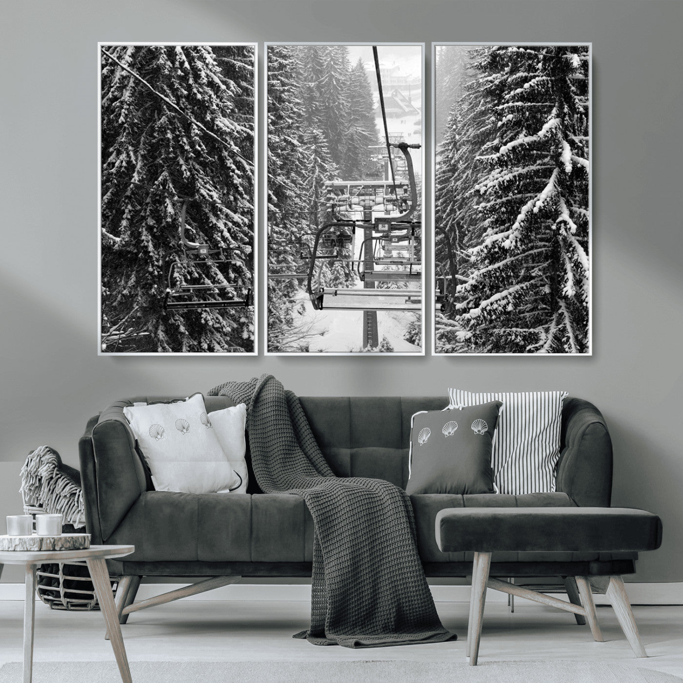 MGV-FC-48X32-3P - Winter Ski Lift Black and White Canvas Wall Art – Alpine Escape in Minimalist Style – Ready to Hang