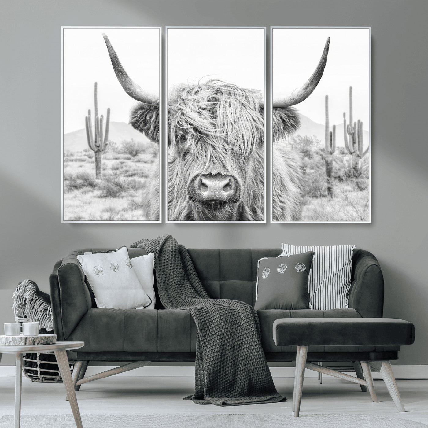 -Rustic Charm | Cow Longhorn Black White Bighorn Wall Art Canvas Print | Farmhouse Wall Art