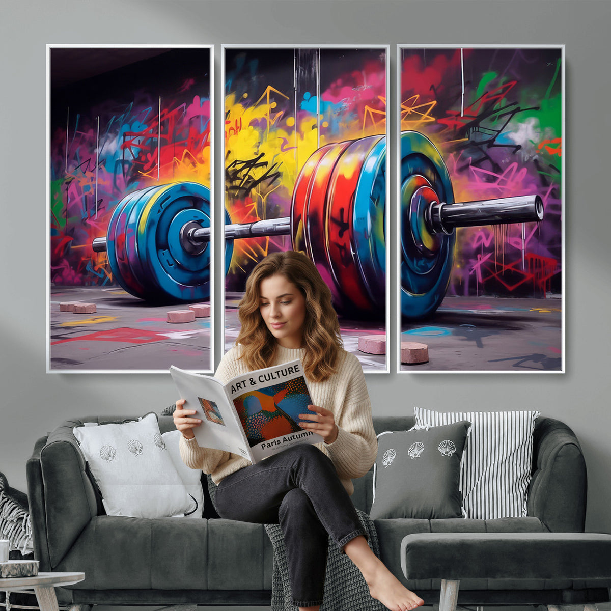 13549-MGV-CV-36X24 - Abstract Graffiti Barbell Canvas Wall Art | Urban Fitness Meets Bold Street Art
