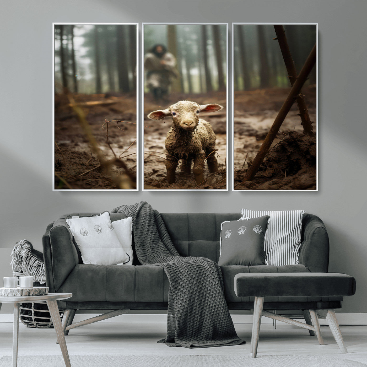 MGV-FC-48X32-3P - Jesus Lost Lamb Canvas Wall Art – Heartwarming Woodland Scene – Ready to Hang - Christian Religion Wall Art